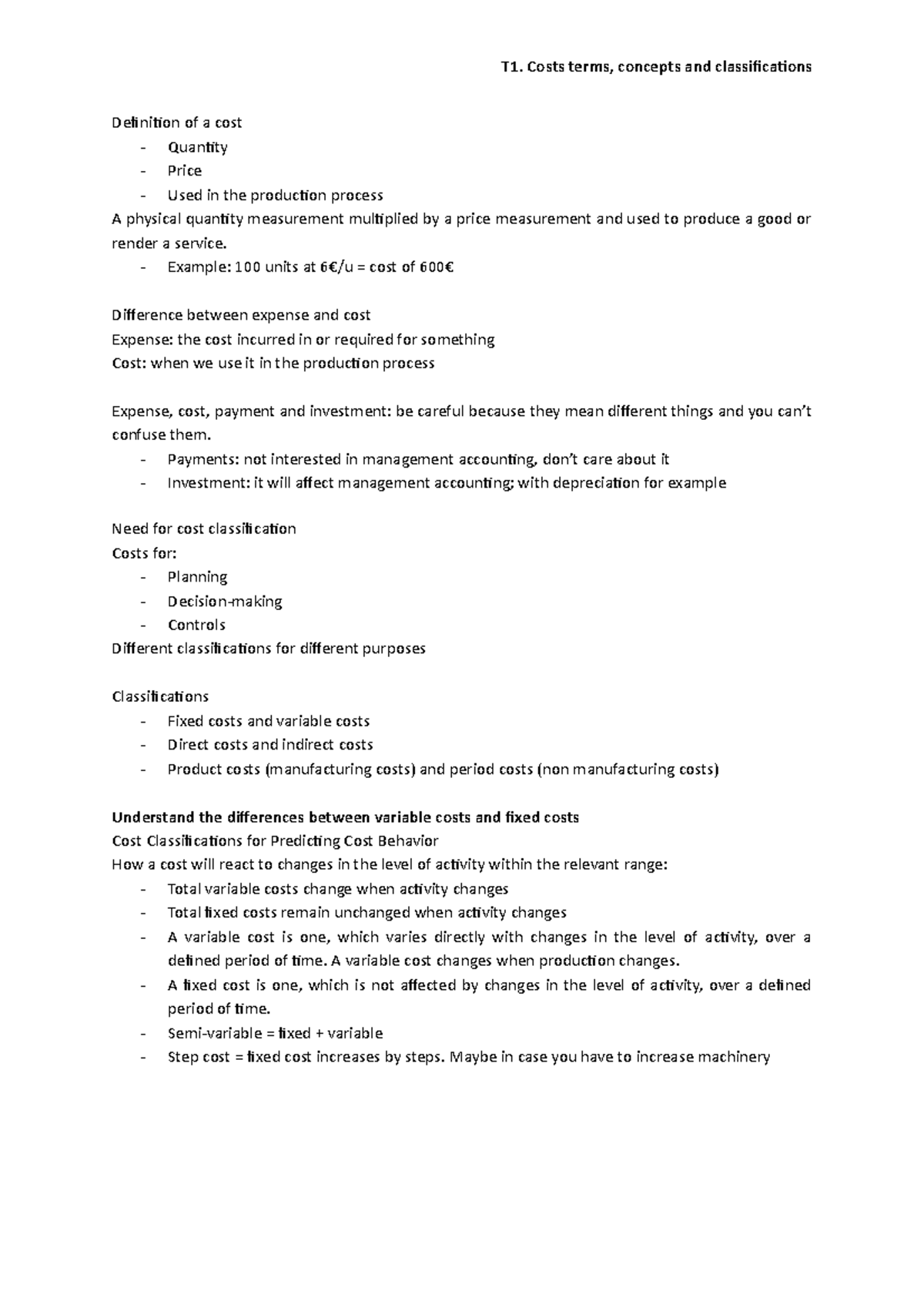 T1. Costs terms, concepts and classifications - Definition of a cost ...