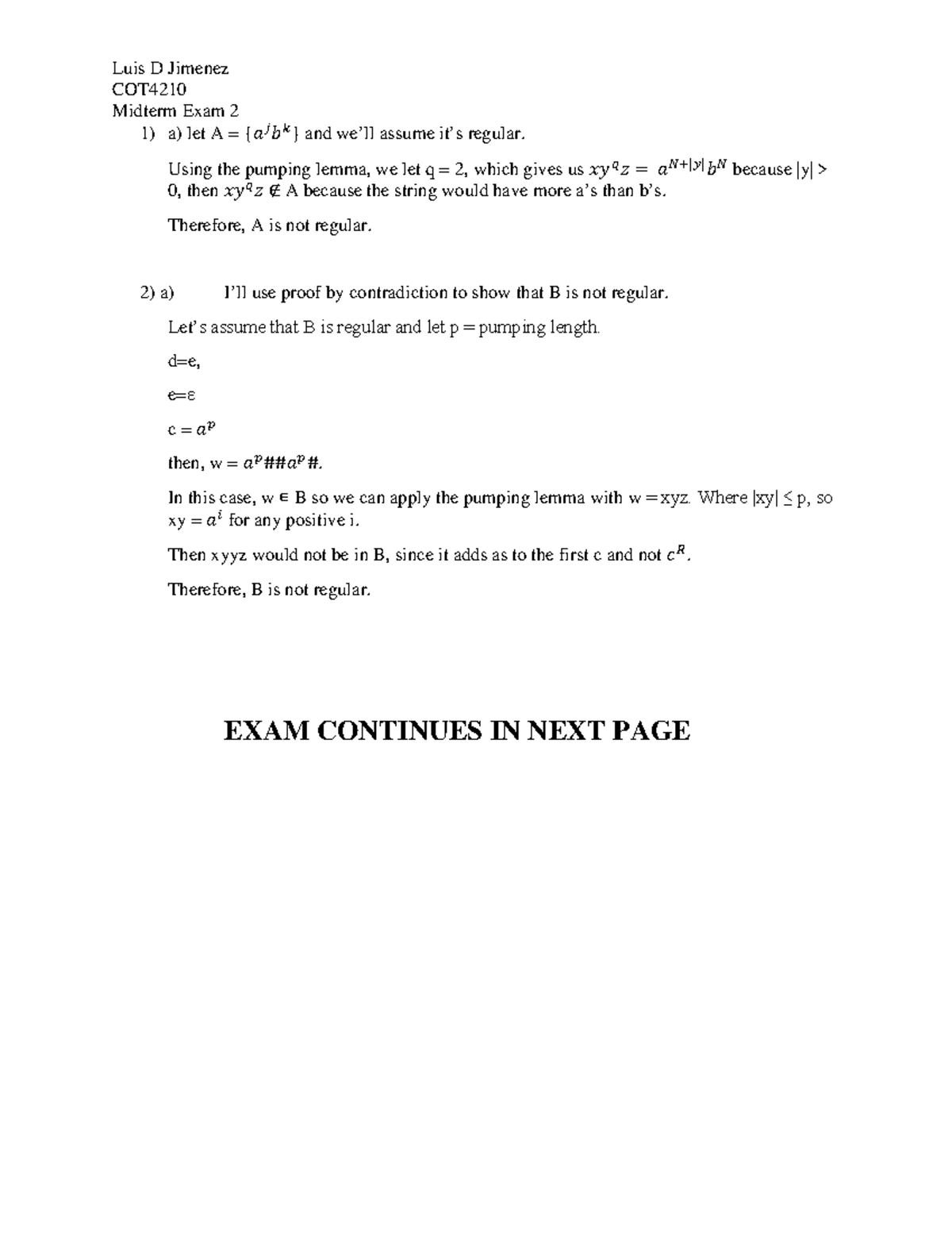 Exam 2 Exam COT Midterm Exam 2 1) a) let A = {𝑎𝑗𝑏𝑘} and we’ll