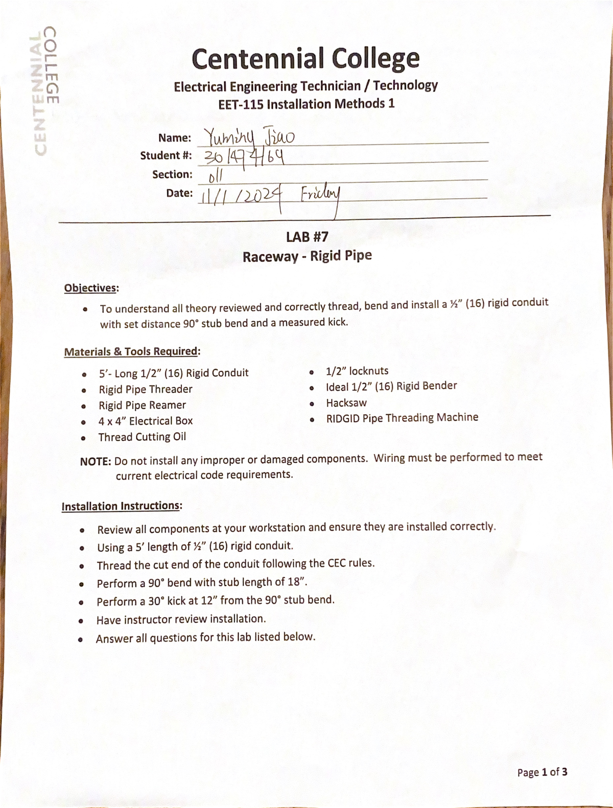 Lab7 - www - Centennial College Electrical Engineering Technician ...