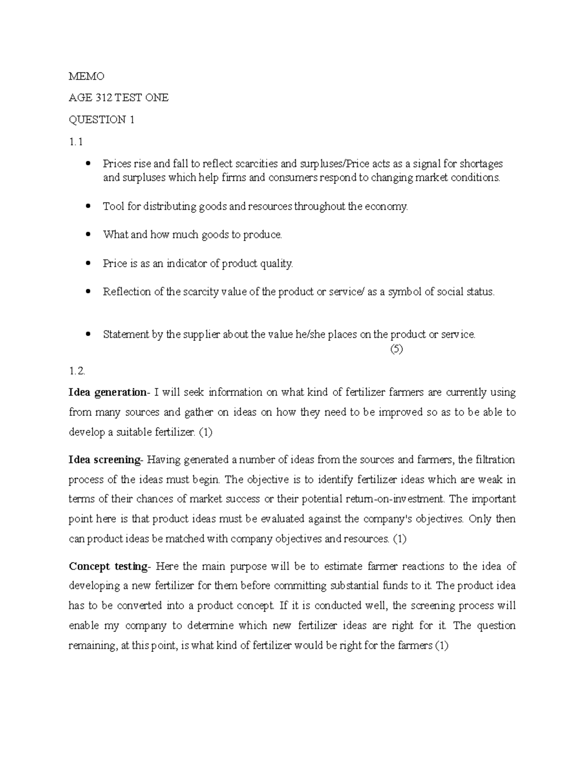 Memo Test 1 - Age 312 Memo - Memo Age 312 Test One Question 1 1. Prices 