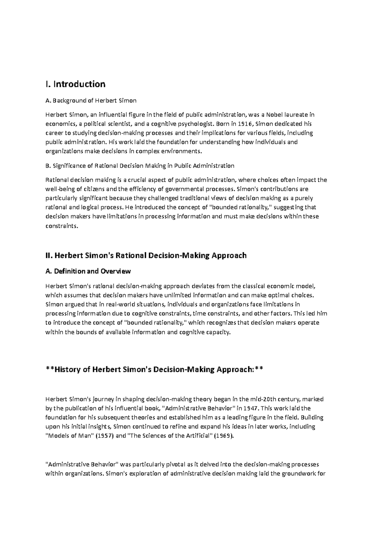 Herbert simon rational decision making - I. Introduction A. Background ...