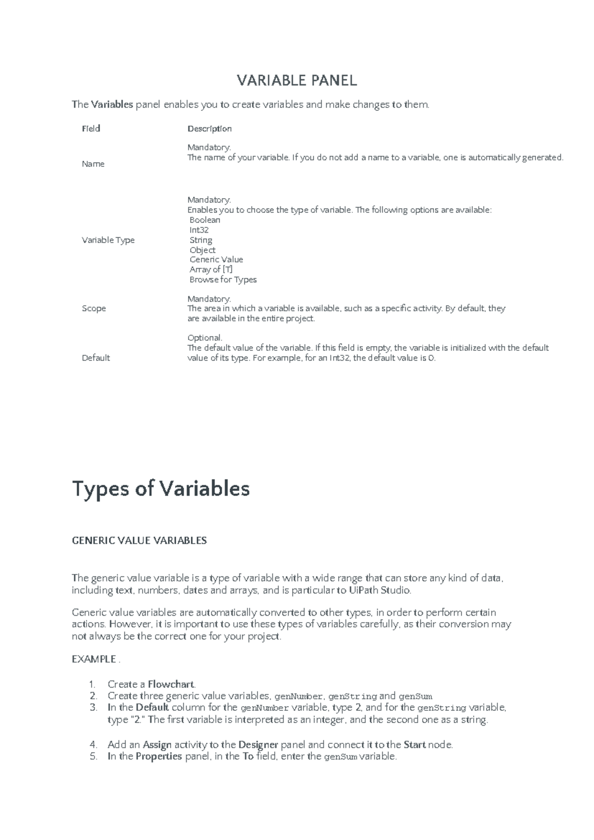 UNIT2(RPA) - Rpa unit 2 - VARIABLE PANEL The Variables panel enables ...