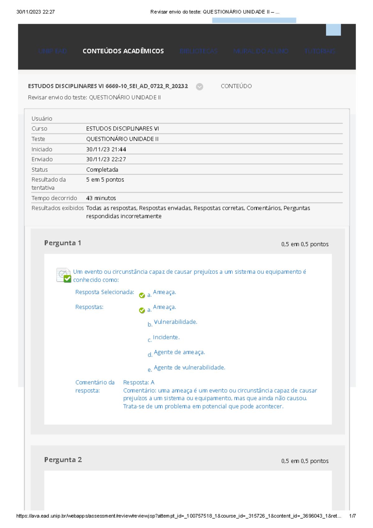 Revisar Envio Do Teste Questionário Unidade II – Estudos Disciplinares ...