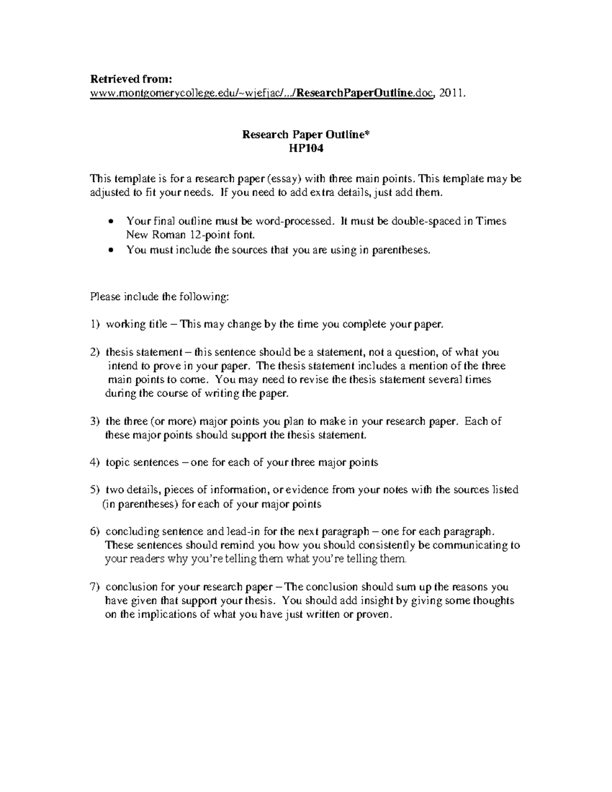 Research Paper Outline - Retrieved from: montgomerycollege/~wjefjac ...