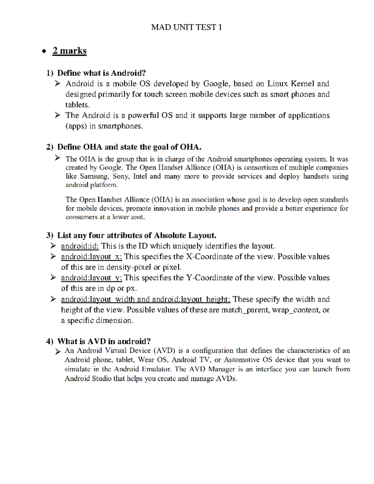 UT 1 solution - • 2 marks Define what is Android? Android is a mobile ...
