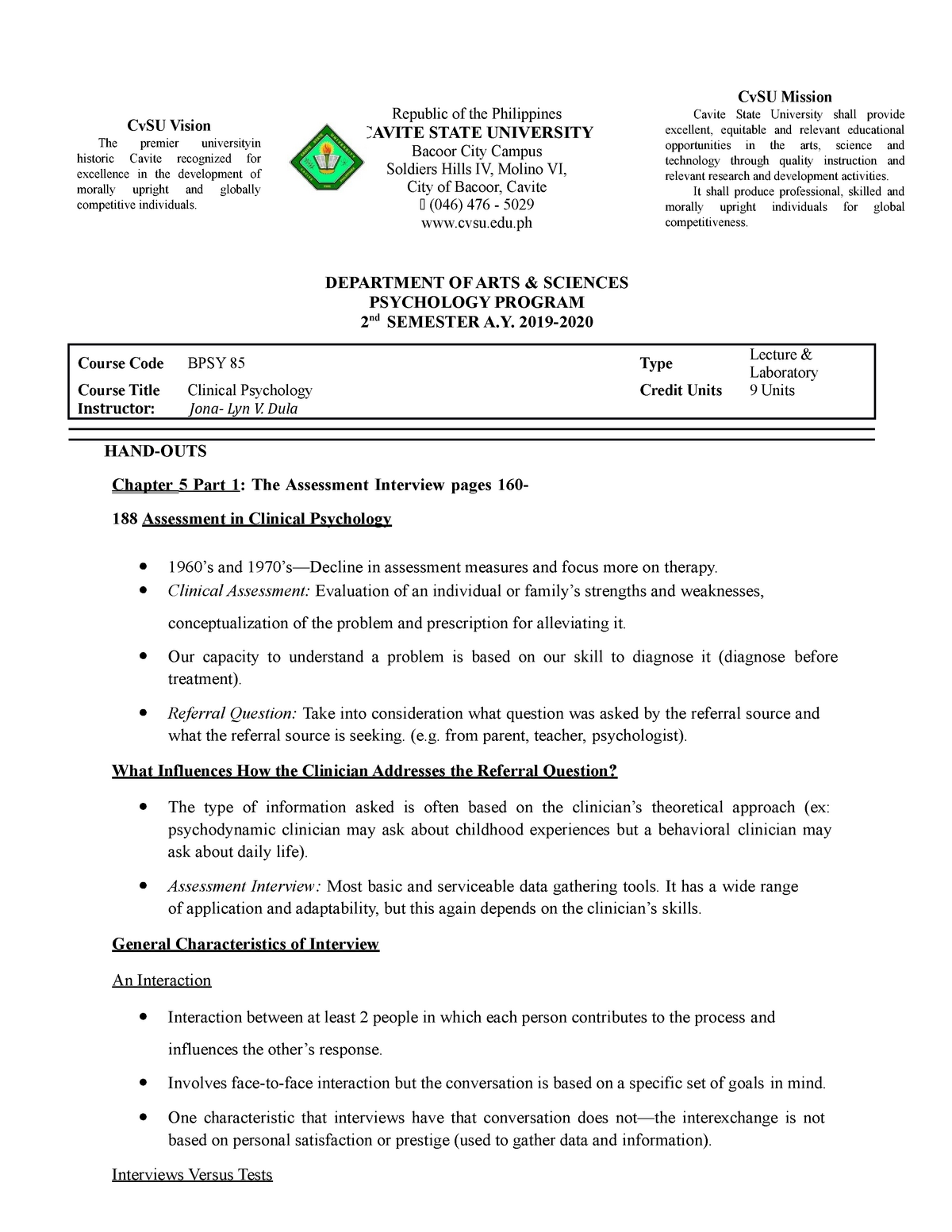 Chapter 5 The Assessment Interview Republic Of The Philippines Cavite State University Bacoor Studocu