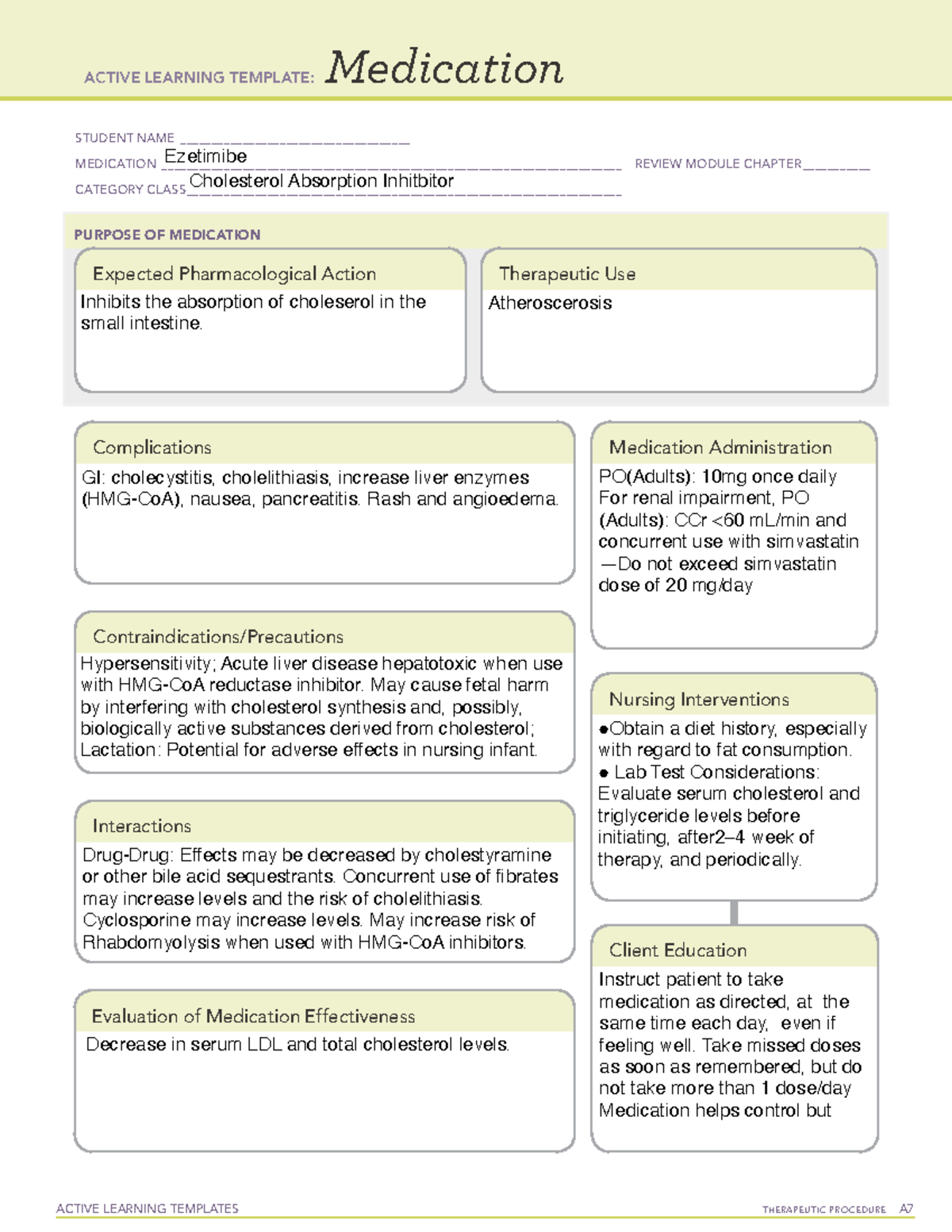 Ezetimibe Learning Template ACTIVE LEARNING TEMPLATES THERAPEUTIC 