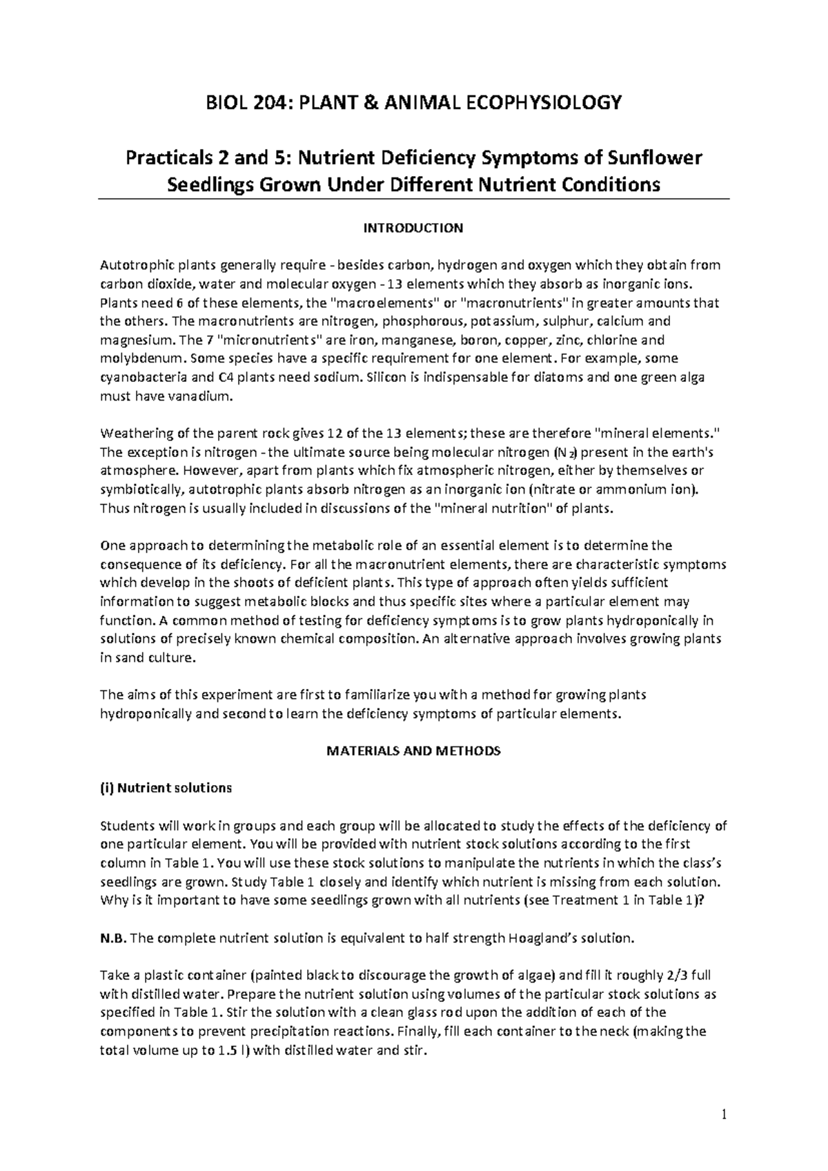 Biol 204 Pracs 2 and 5 Plant Nutrition - BIOL 204: PLANT & ANIMAL ...