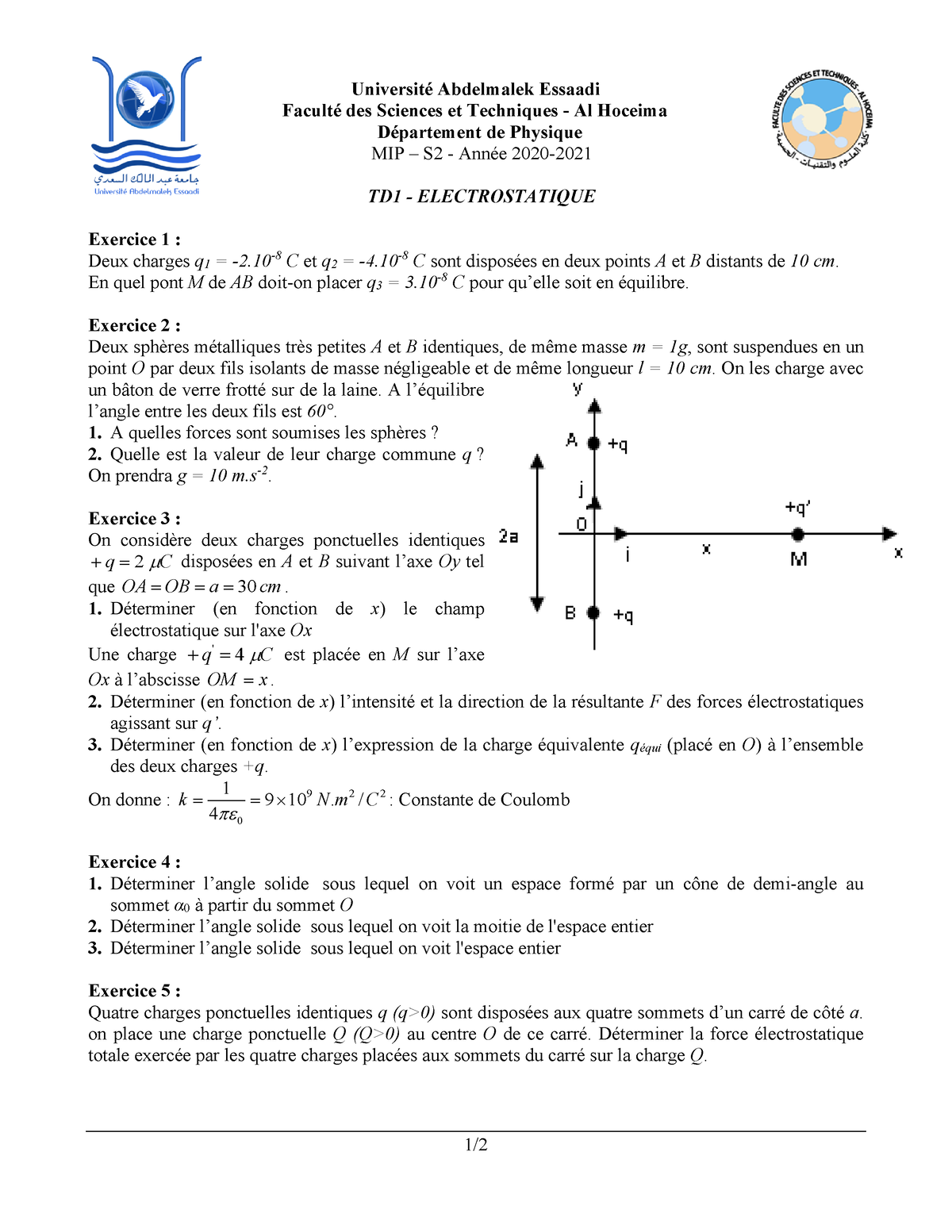 Td1 électrostatique Correction Université Abdelmalek Essaadi Faculté Des Sciences Et 5817