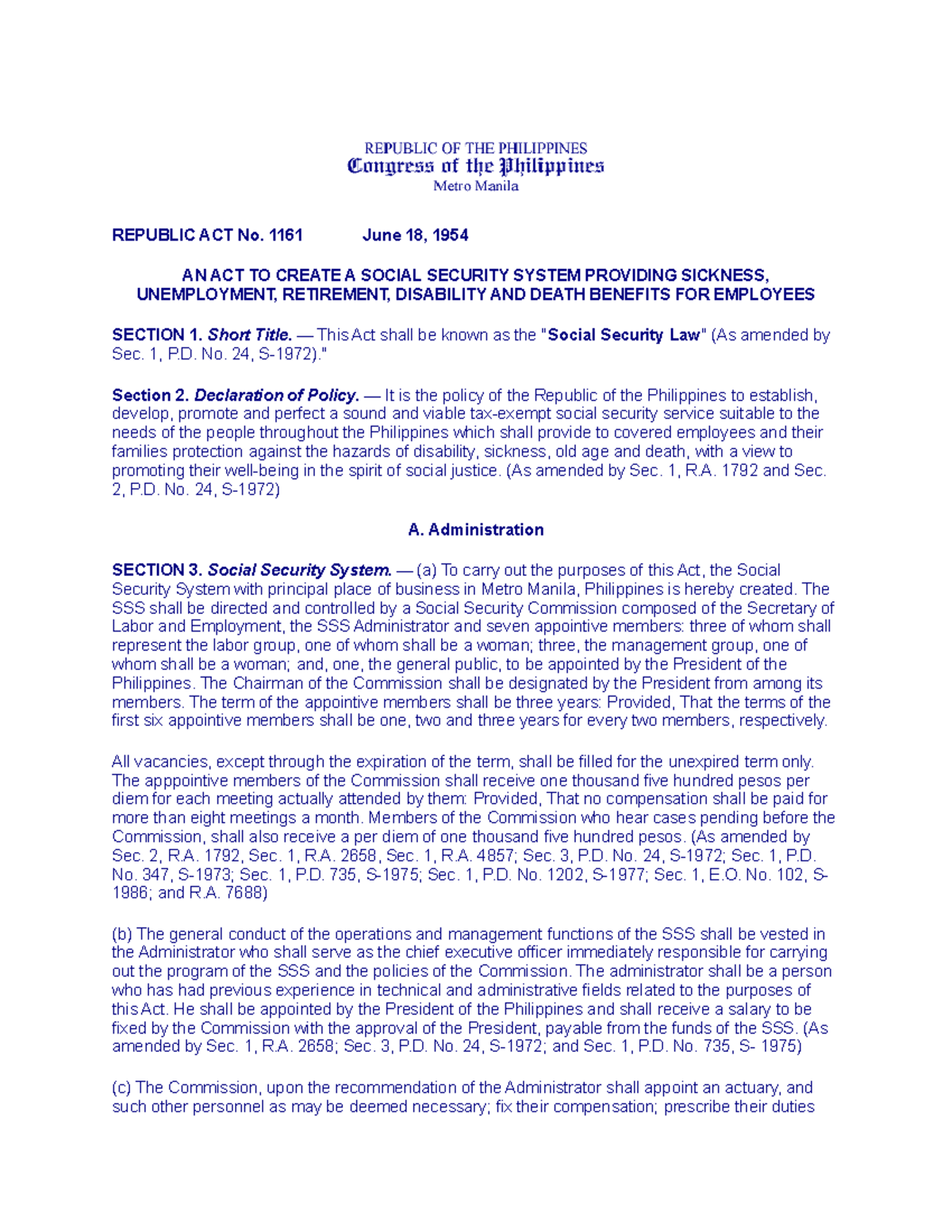 RA1161 Social Security Law REPUBLIC ACT No. 1161 June 18, 1954 AN