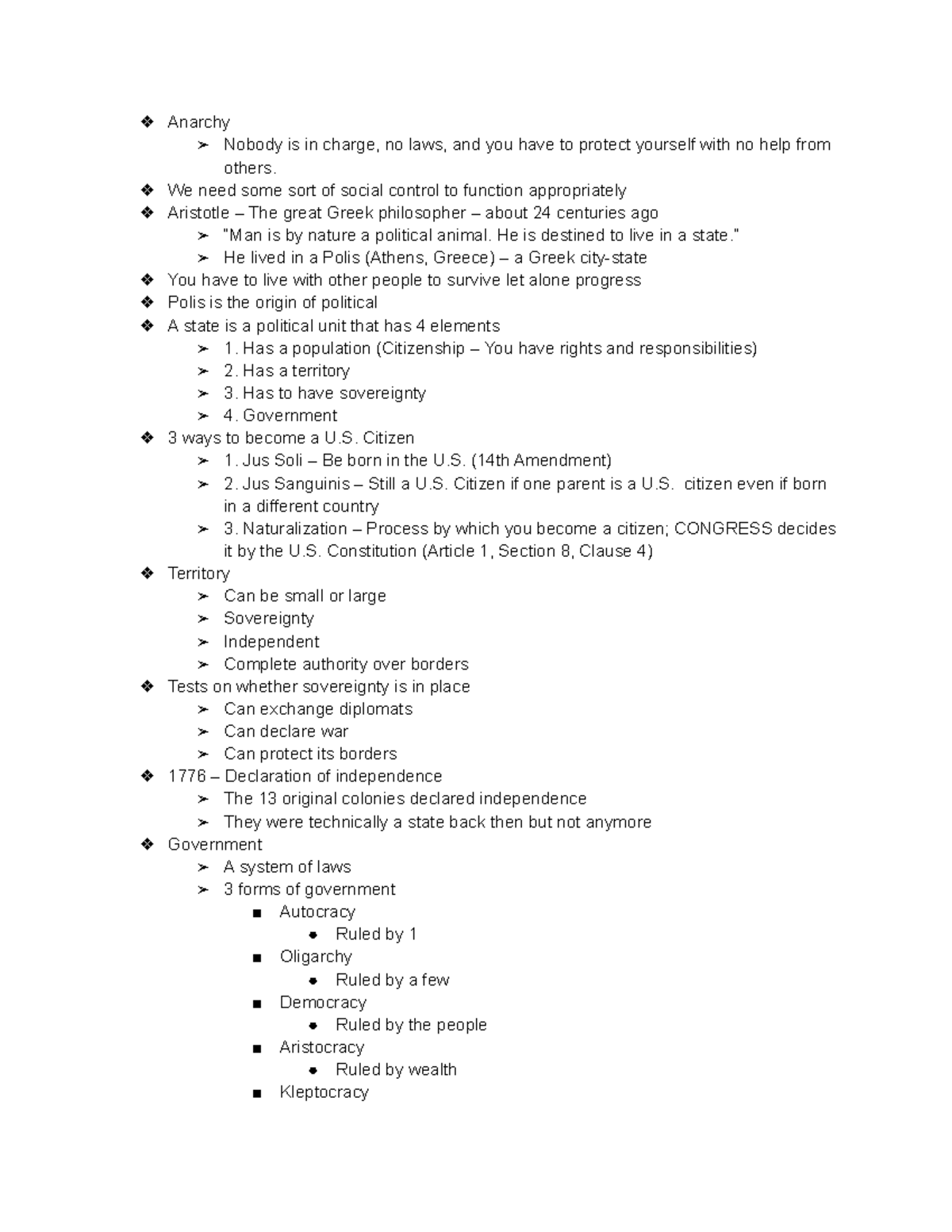 POLS Notes - Anarchy Nobody is in charge, no laws, and you have to ...