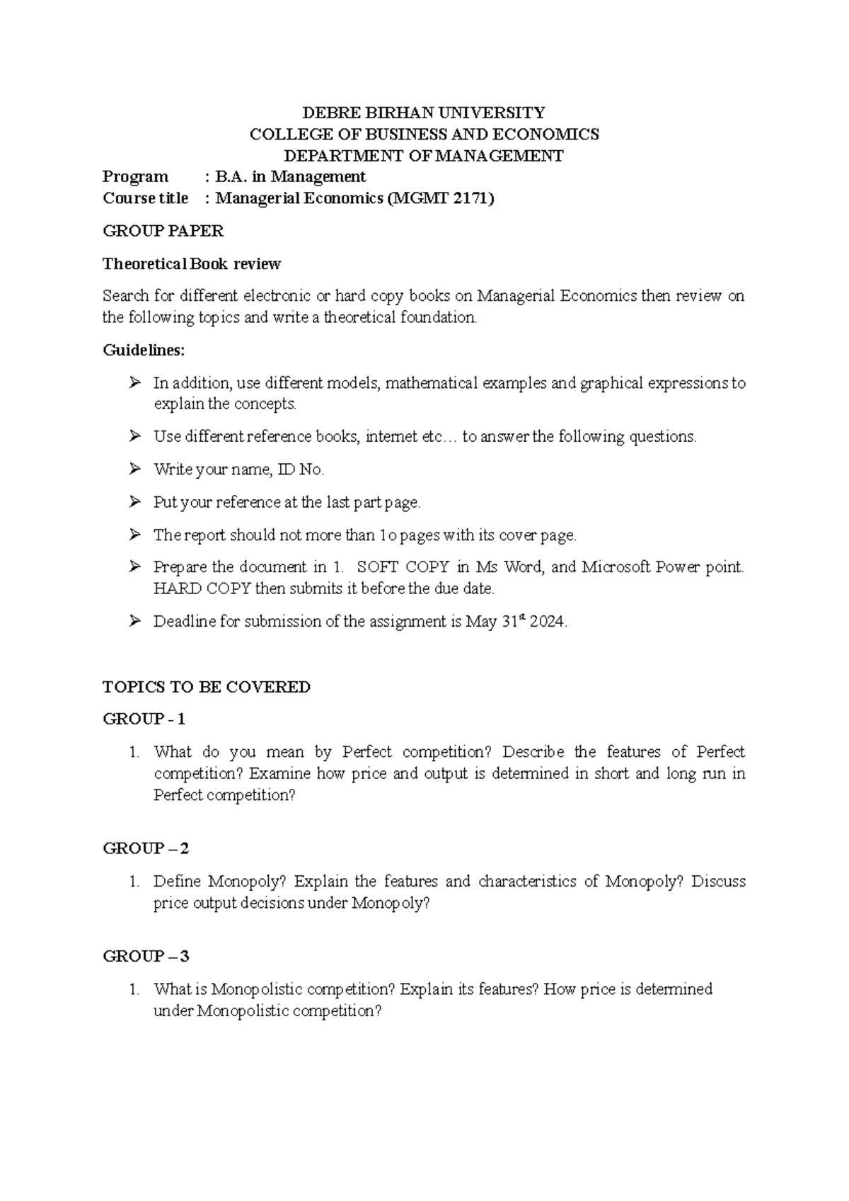 Managerial Economics Group Paper - DEBRE BIRHAN UNIVERSITY COLLEGE OF ...
