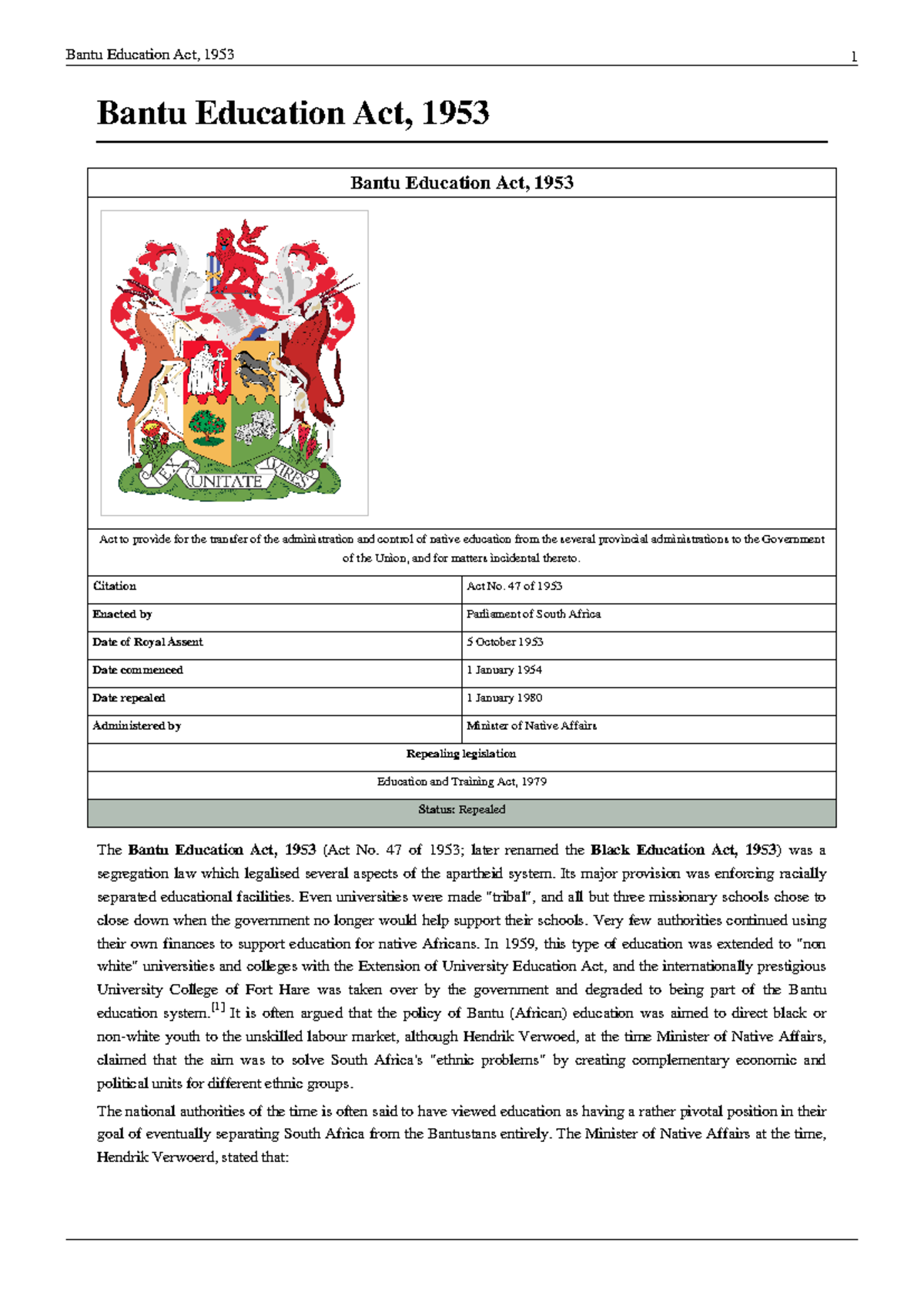 Bantu education act - Notes - Bantu Education Act, 1953 1 Bantu ...