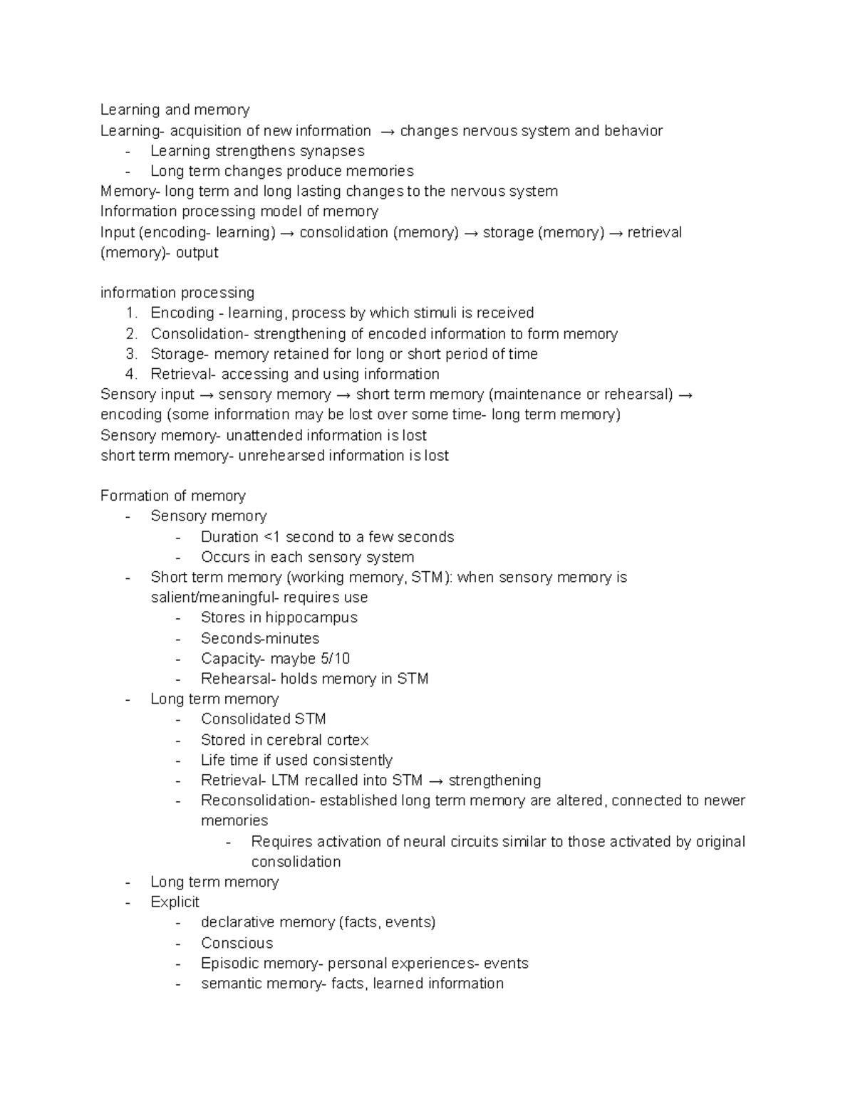 Unit 3 - Unit three notes - Learning and memory Learning- acquisition ...