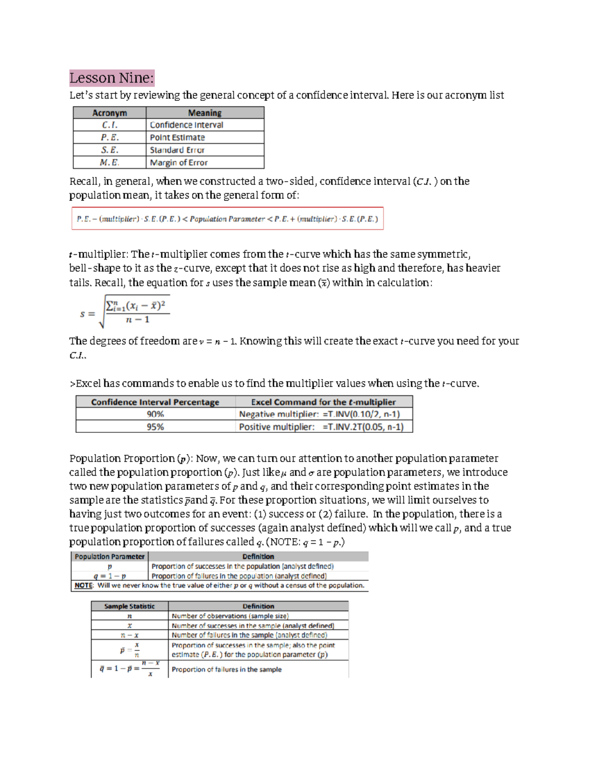 Stats Study Guide 9 - Lesson Nine: Let’s start by reviewing the general ...