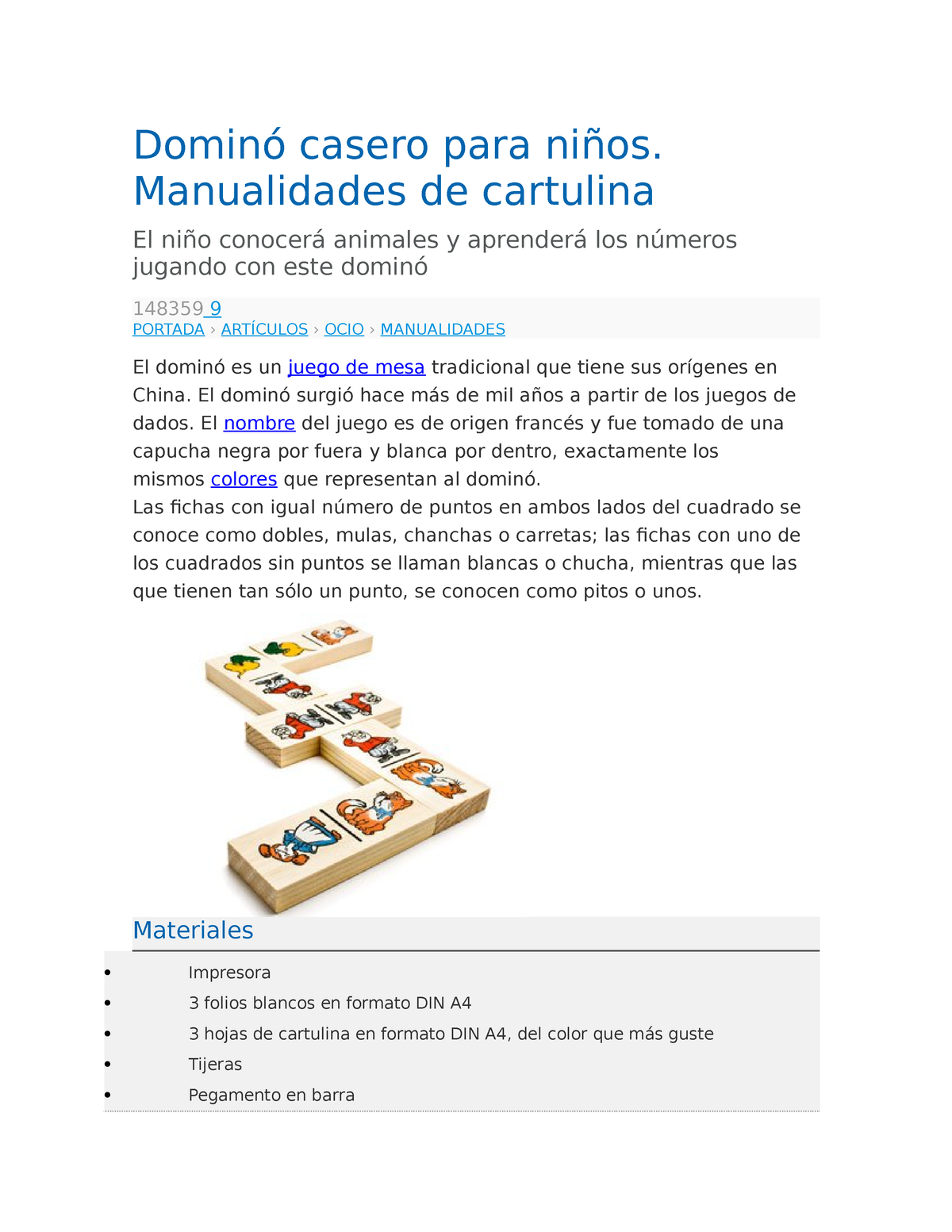 Dominó casero para niños. Manualidades hecha con cartulina