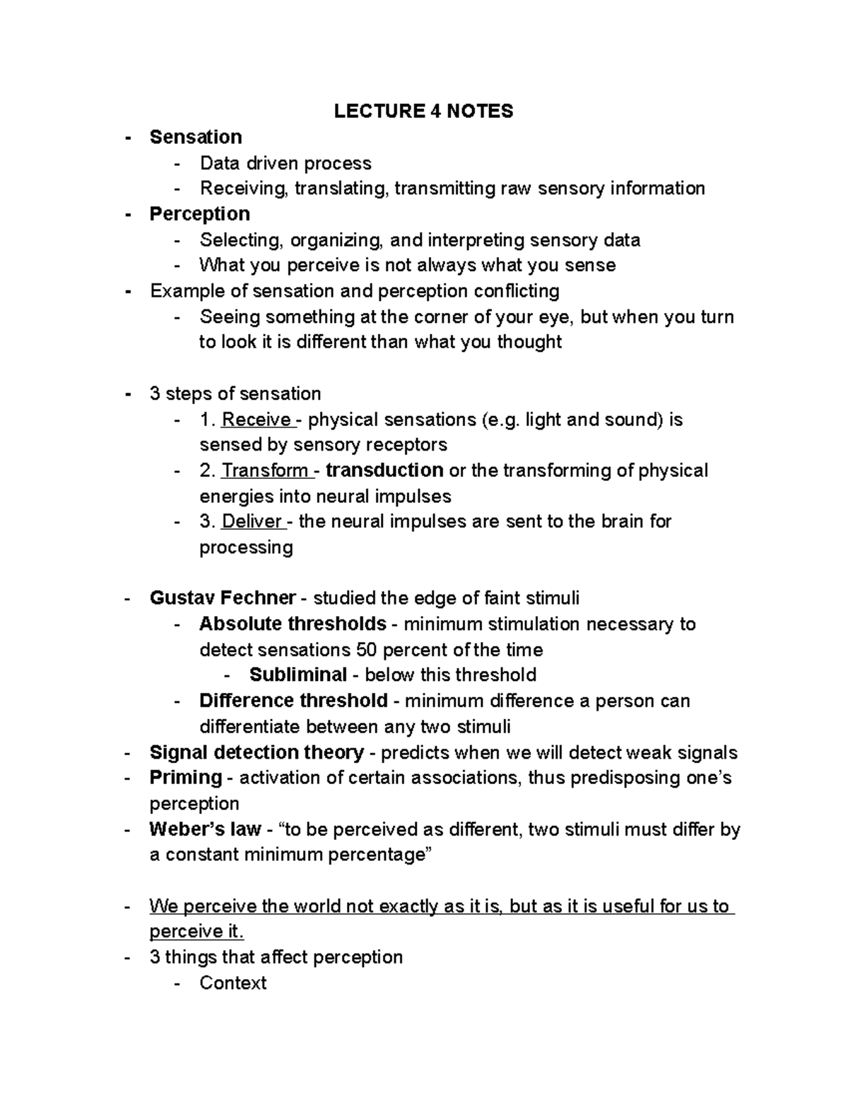 Lecture 4 Notes - Sensation and Perception - LECTURE 4 NOTES ...