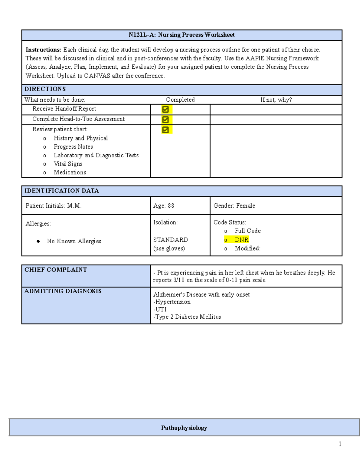 121 - NPW - N121L-A: Nursing Process Worksheet Instructions: Each ...