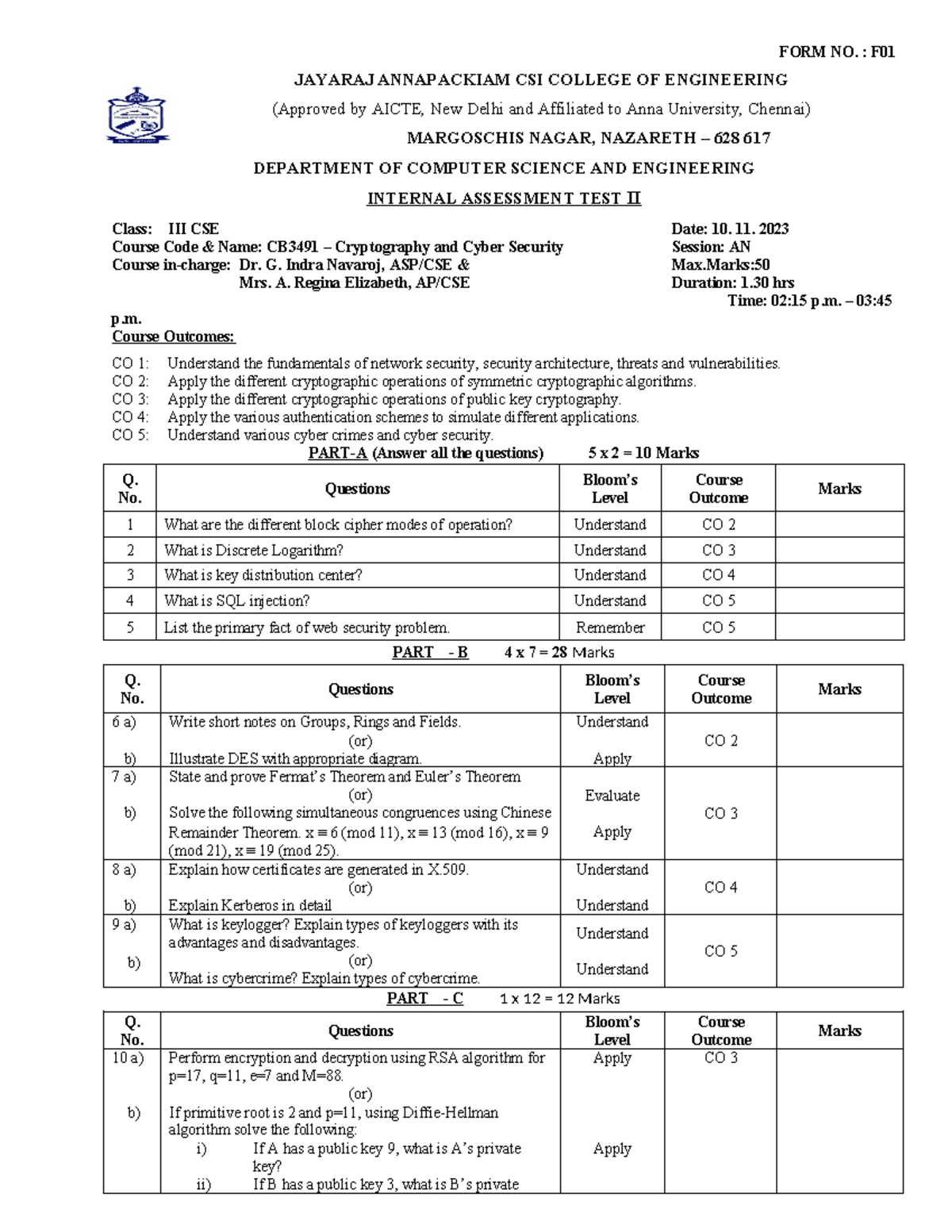 IAT- II - FORM NO. : F JAYARAJ ANNAPACKIAM CSI COLLEGE OF ENGINEERING ...