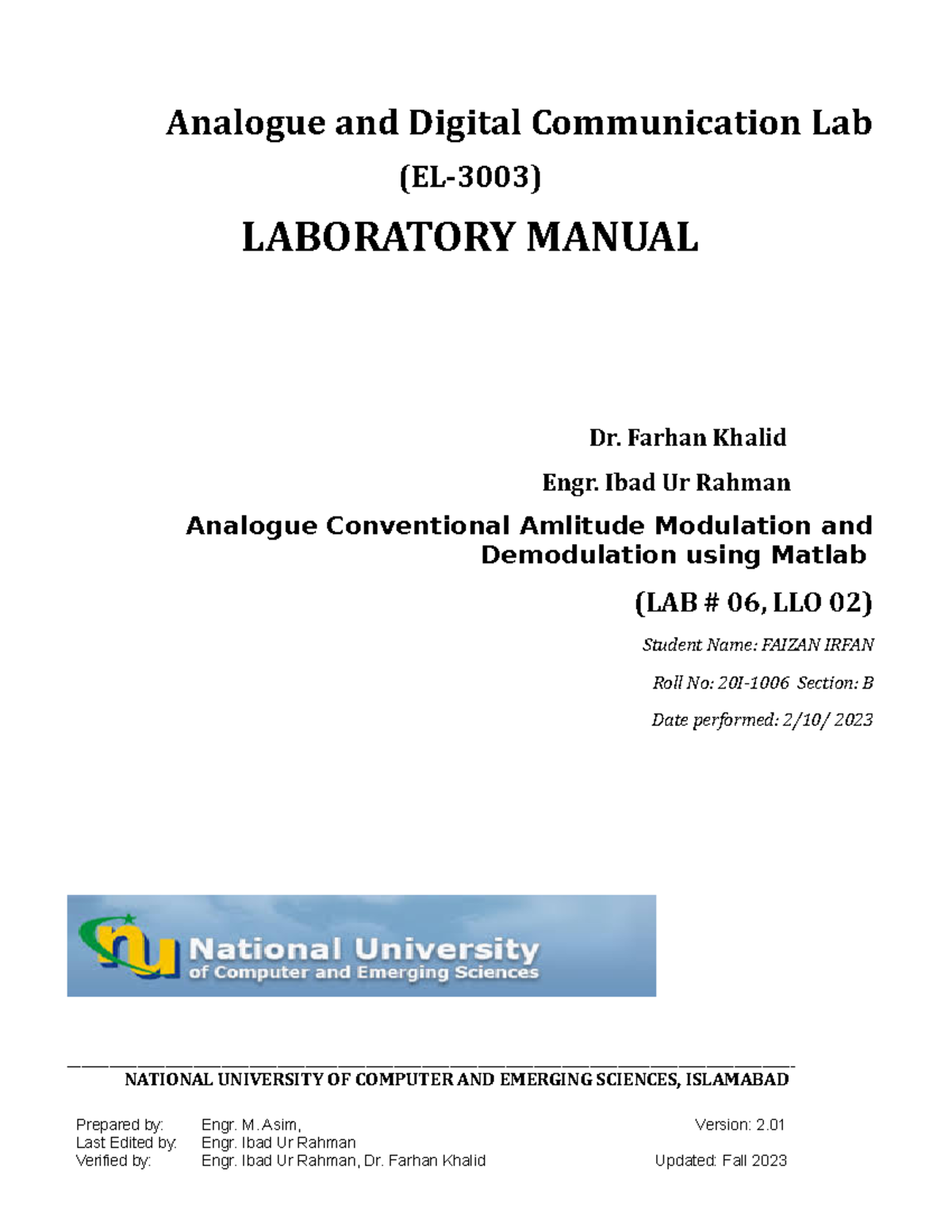 ADC Lab 06 CAMAmplitude Mod Demod Matlab Analogue and Digital Communication Lab (EL3003