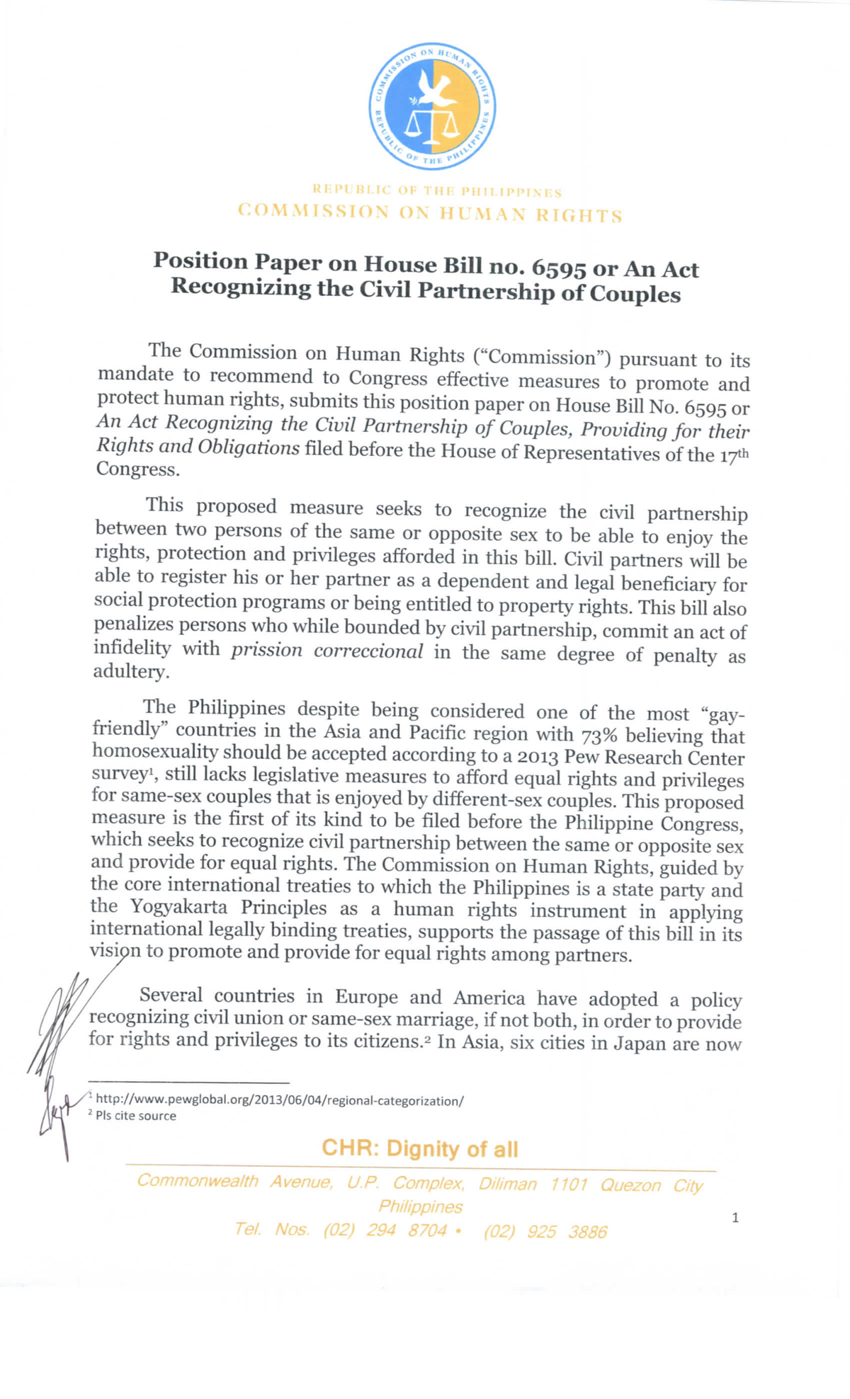 Position Paper on House Bill No 6595 or an Act Recognizing the Civil ...