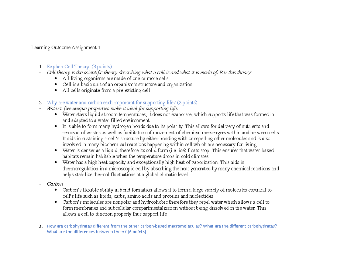 Learning Outcome Assignment 1 - (3 points) Cell theory is the ...