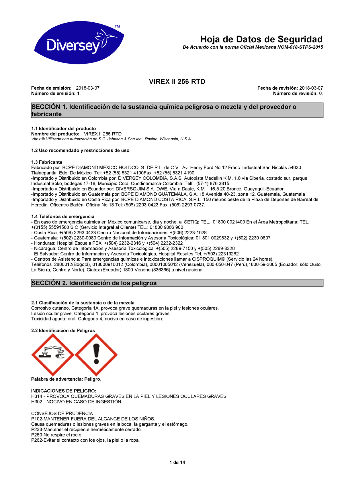 Johnson Profesional Diversey Hoja De Seguridad Virex II 256 - Hoja De ...