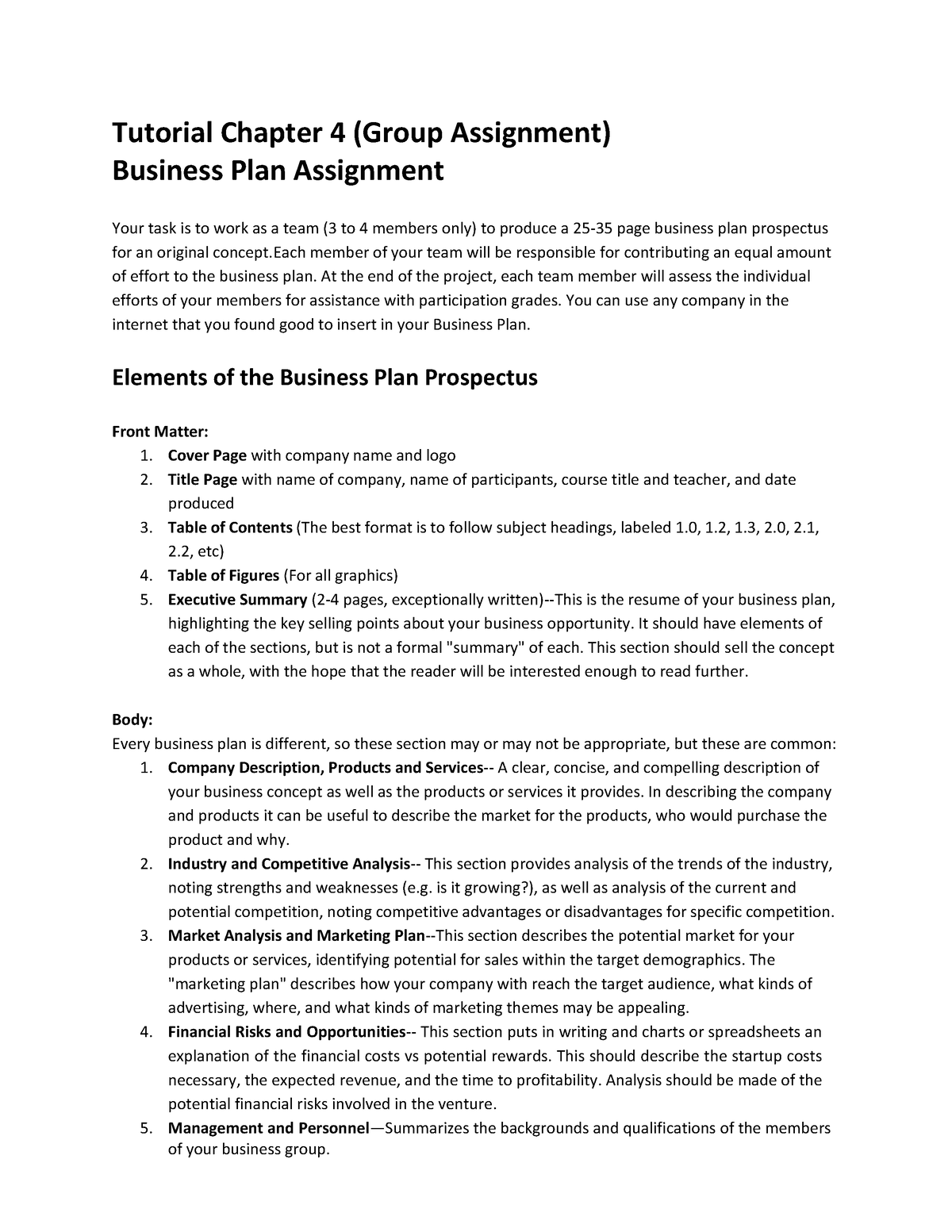 business plan chapter 4 example