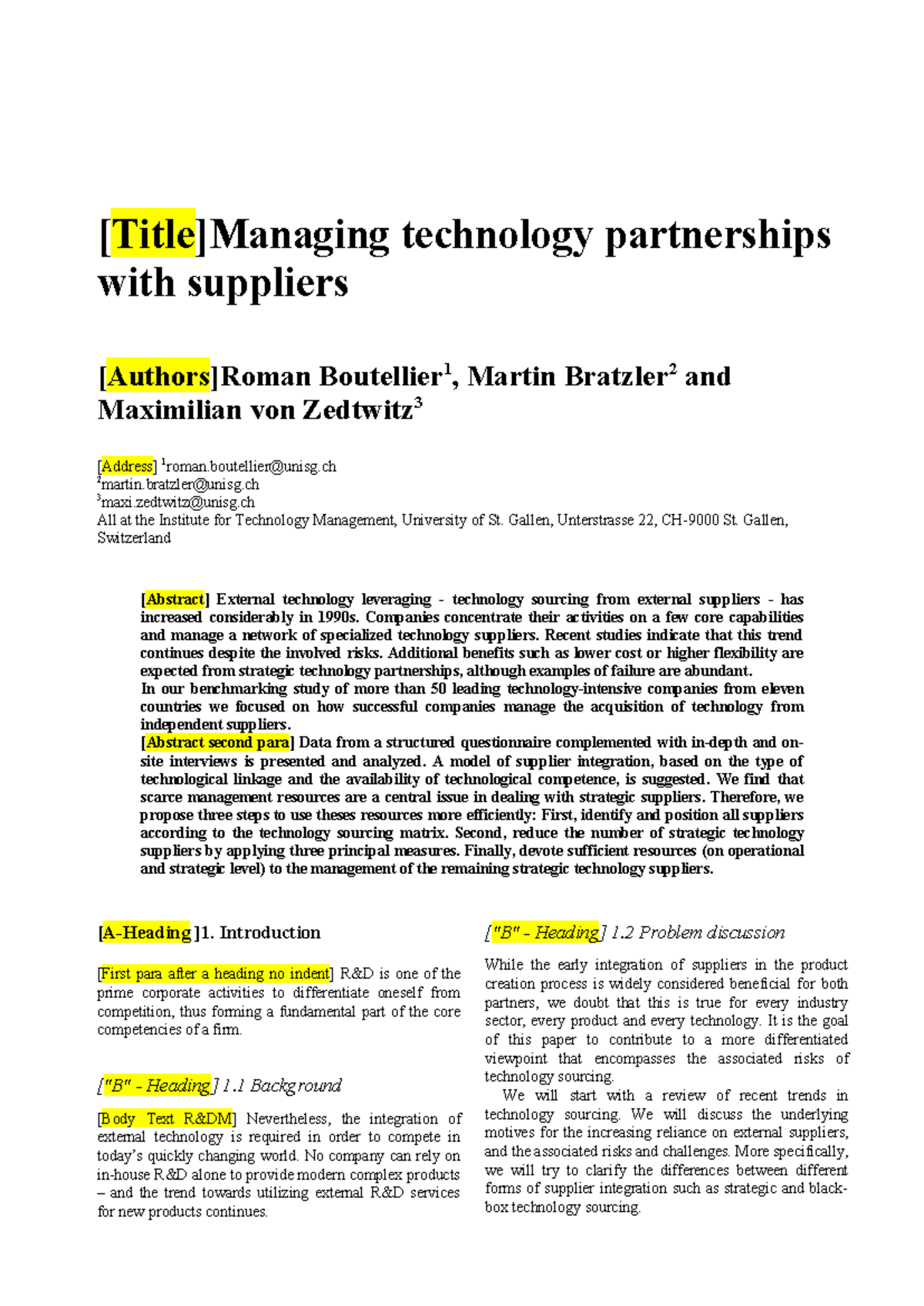 Format+paper with headings+R&D Management - [Title]Managing technology ...
