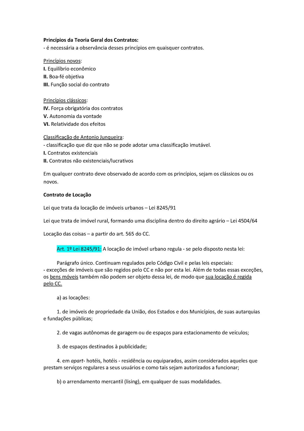 Contrato de locação de imovel, Trabalhos Direito Civil