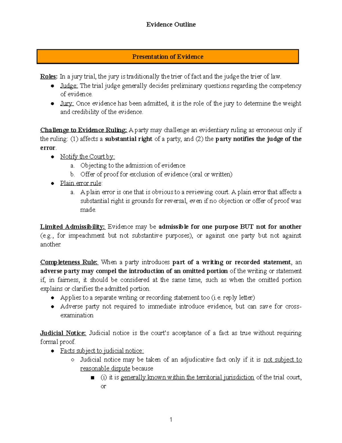 Evidence BAR Outline - Lecture Notes - Evidence Outline Presentation Of ...