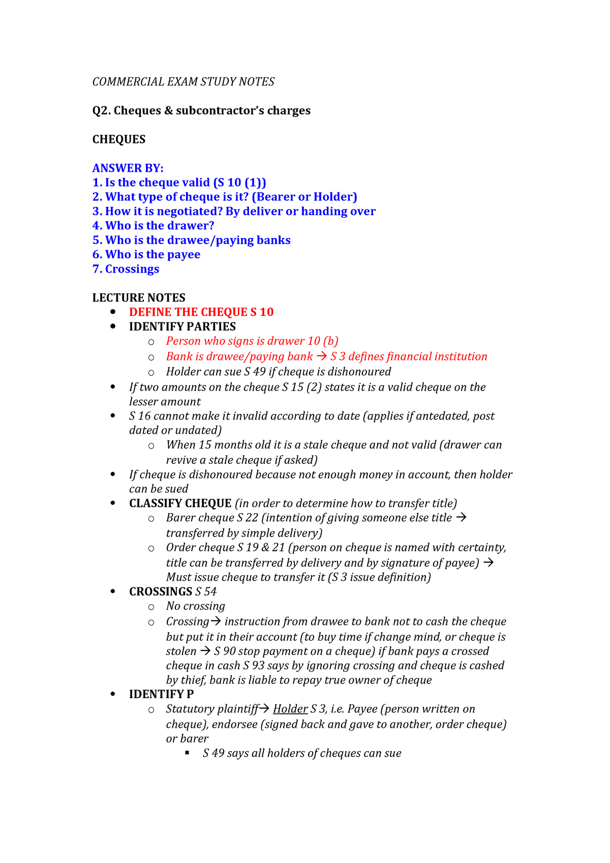 Cheques And Subcontract Commercial Exam La3011 03 Jcu Studocu