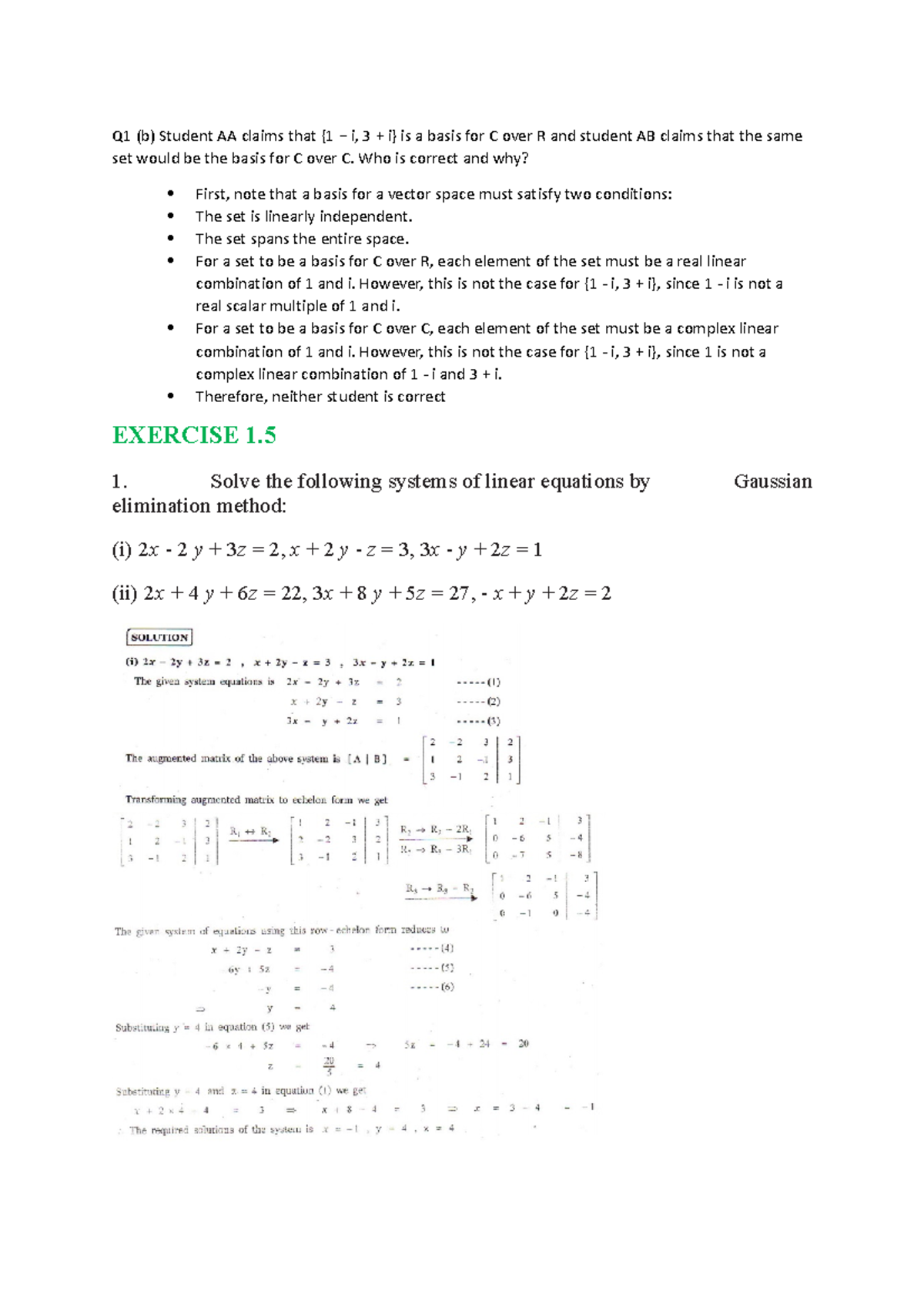 Linear Algebra - Q and A - solutions - Q1 (b) Student AA claims that {1 ...