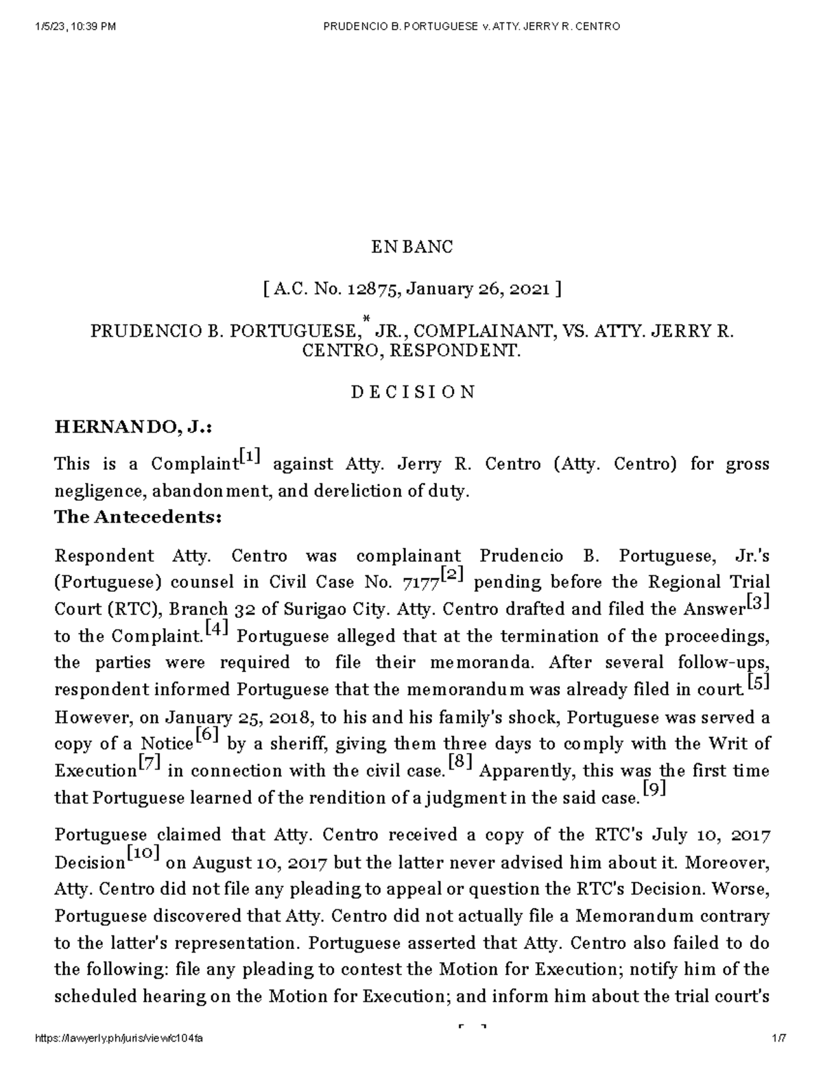 Prudencio B. Portuguese V. ATTY. Jerry R. Centro - EN BANC [ A. No ...