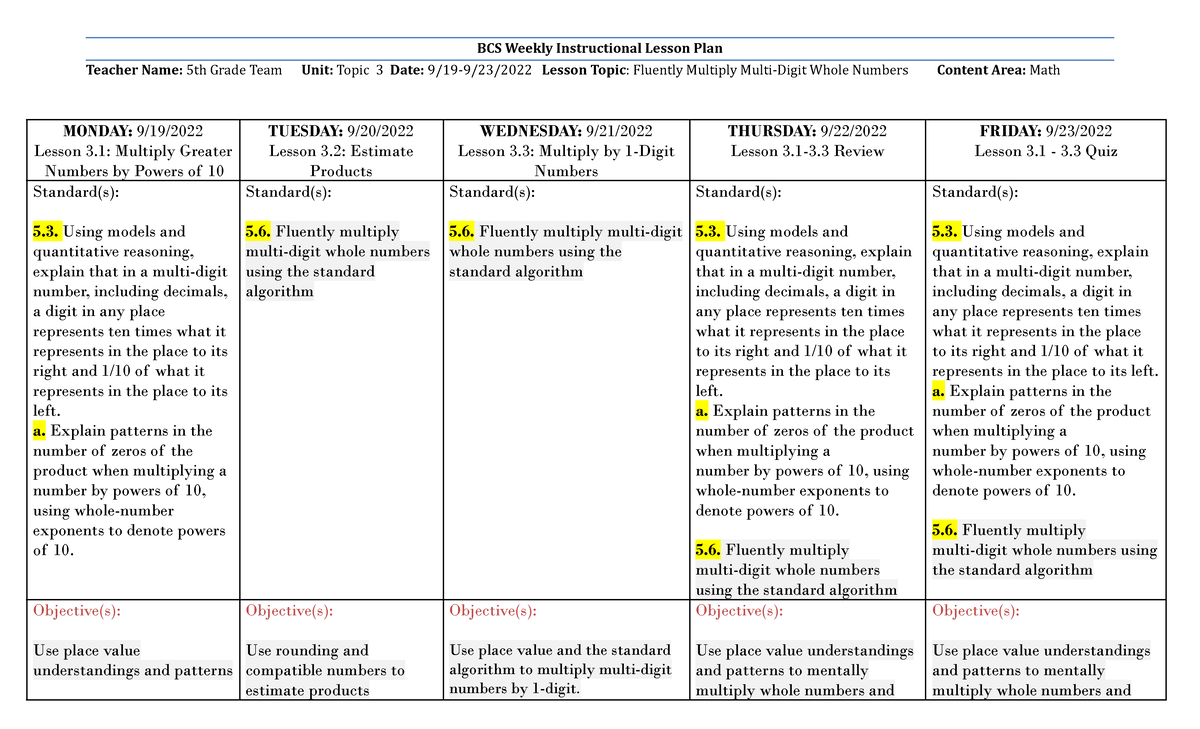 5th Grade Math Plans 9 19 - 9 23 2022 - Teacher Name: 5th Grade Team 