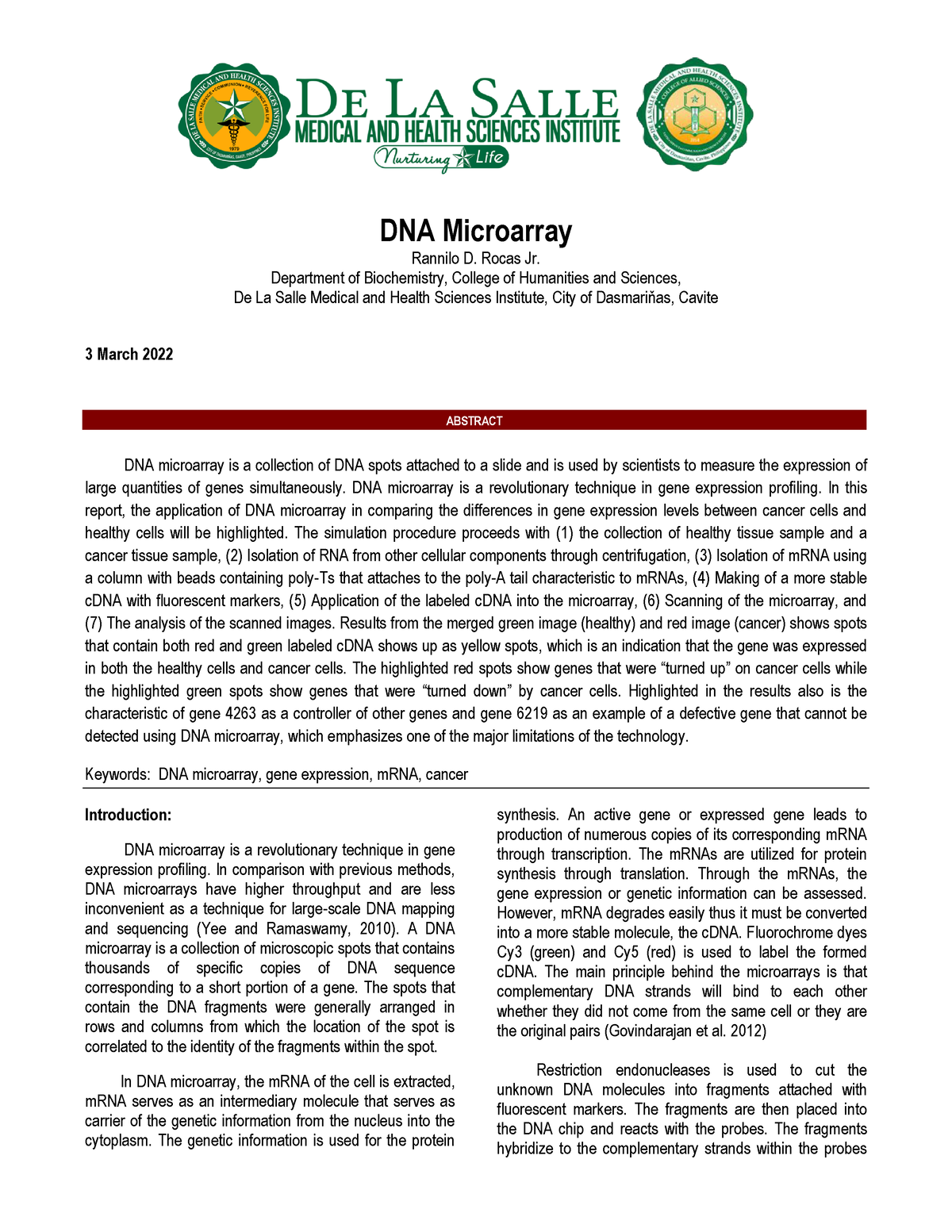 DNA Microarray Formal Report - DNA Microarray Rannilo D. Rocas Jr ...