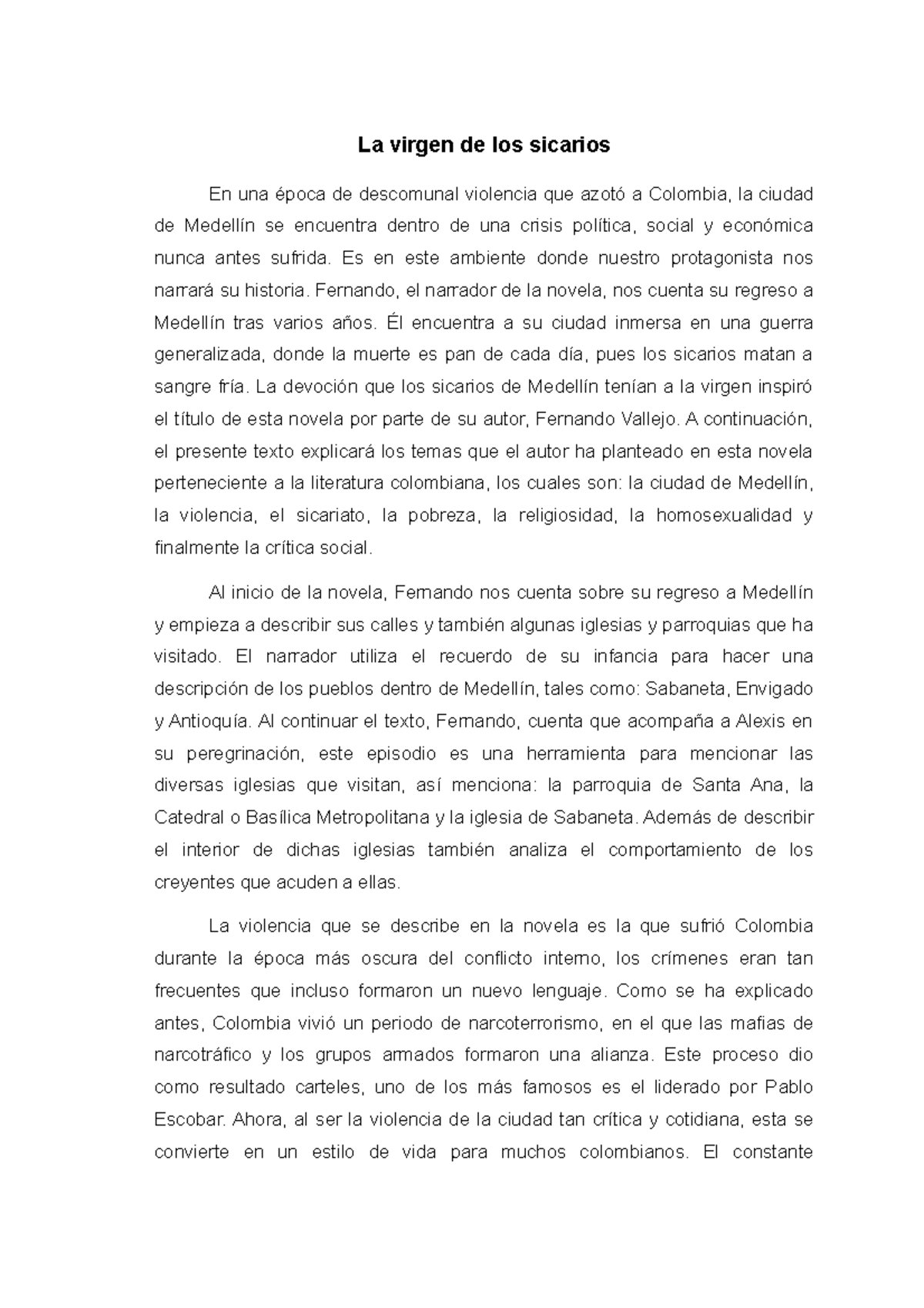 Analisis De La Virgen De Los Sicarios La Virgen De Los Sicarios En Una De Descomunal Violencia Studocu