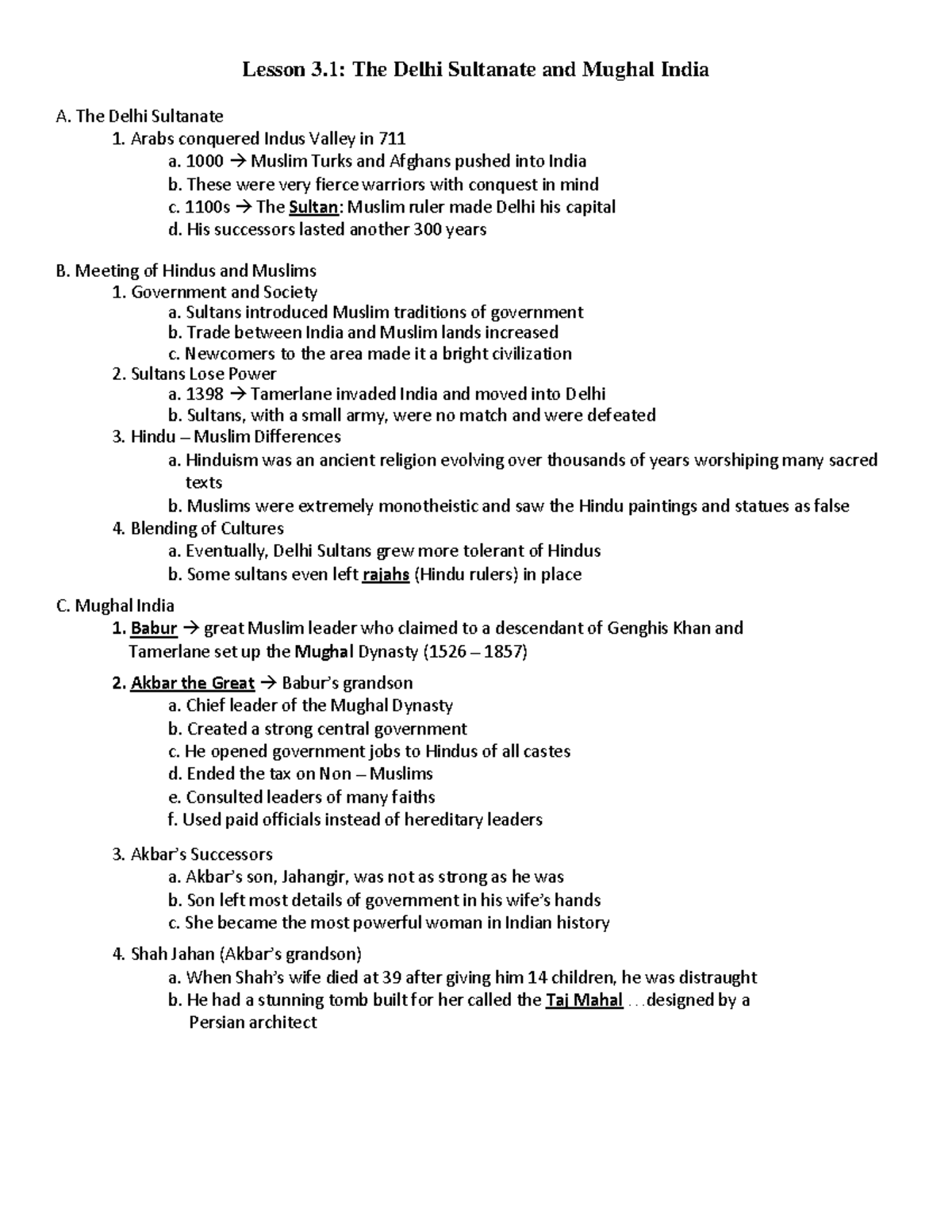 Lesson 3.1 Notes Lesson 3 The Delhi Sultanate and Mughal India A