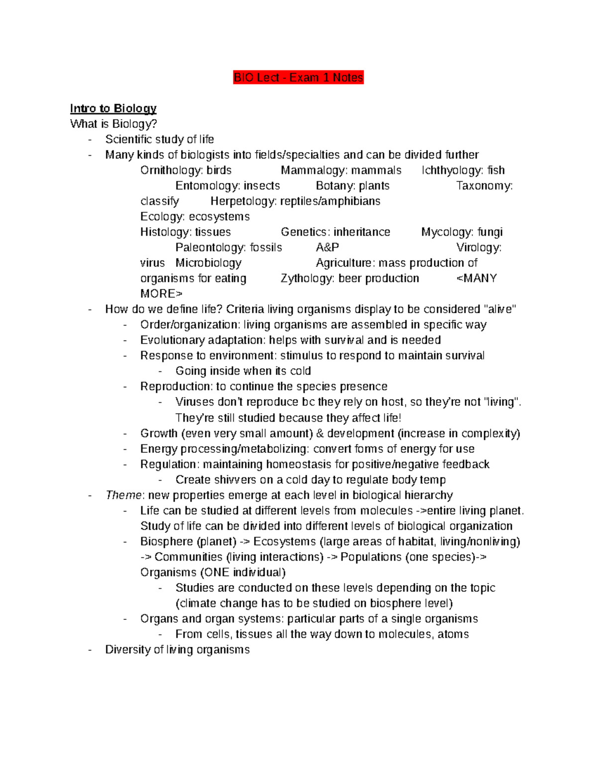 Bio 1407-Lecture Notes for Exam 1 - BIO Lect - Exam 1 Notes Intro to ...