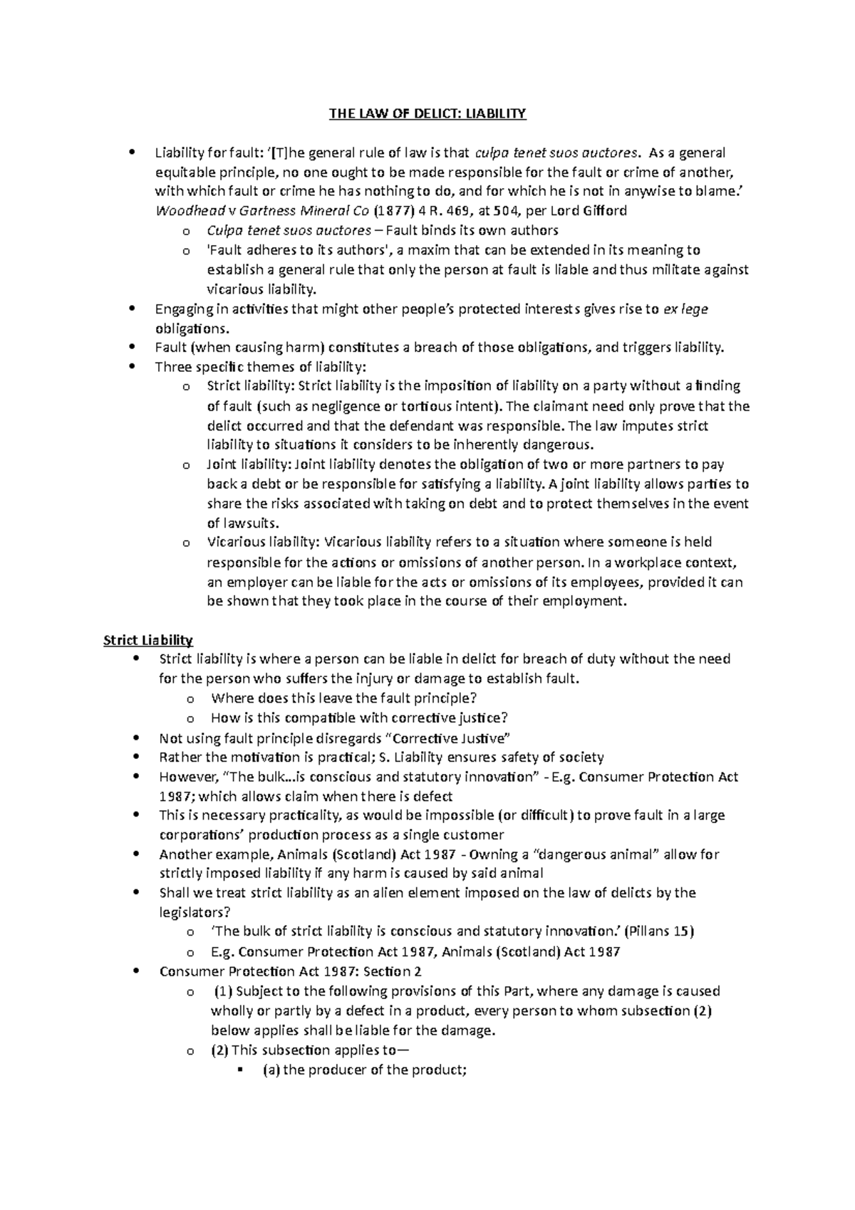 Notes - Liability - THE LAW OF DELICT: LIABILITY Liability for fault ...