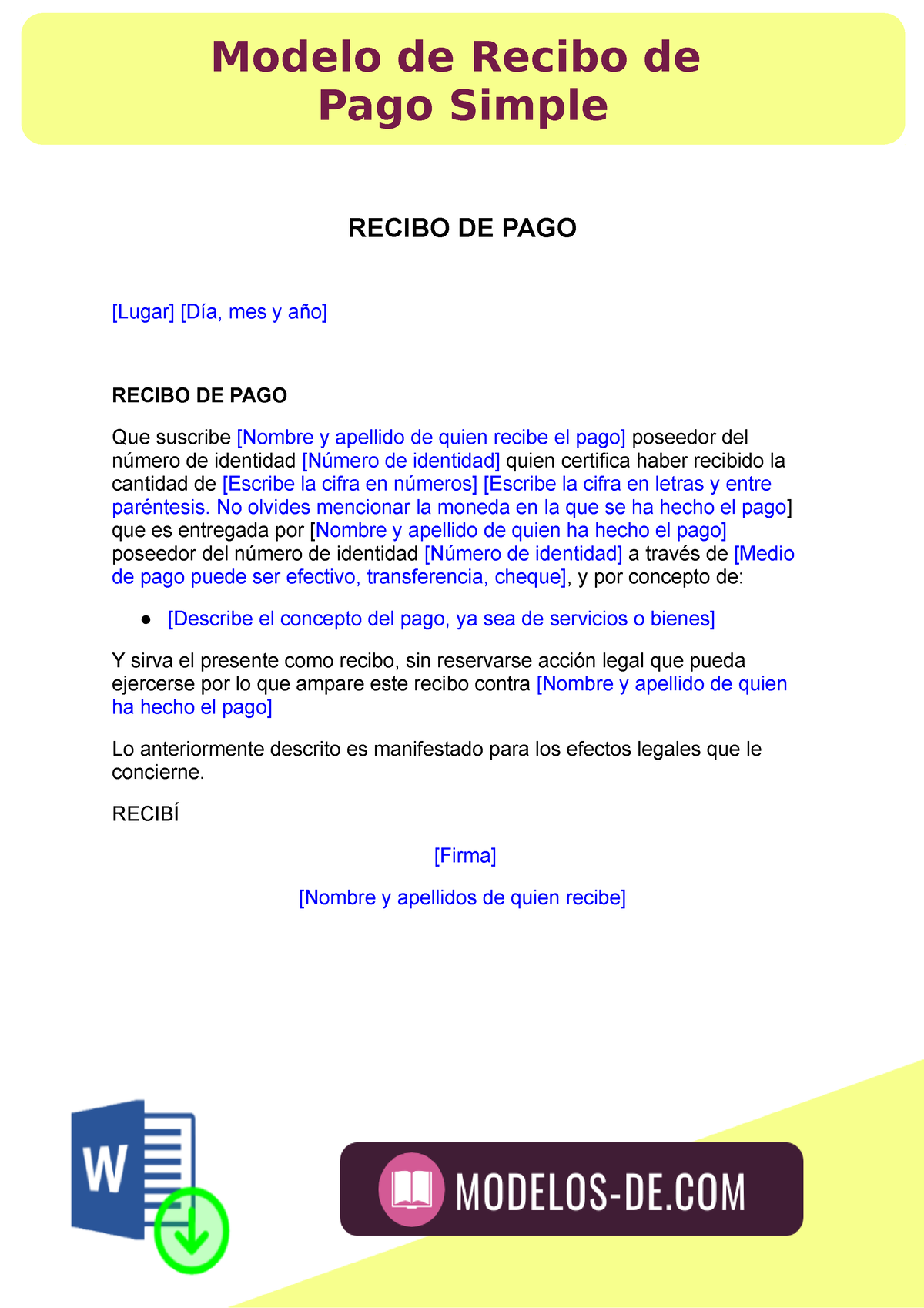 Modelo de Recibo de Pago Simple - RECIBO DE PAGO [Lugar] [Día, mes y año]  RECIBO DE PAGO Que - Studocu