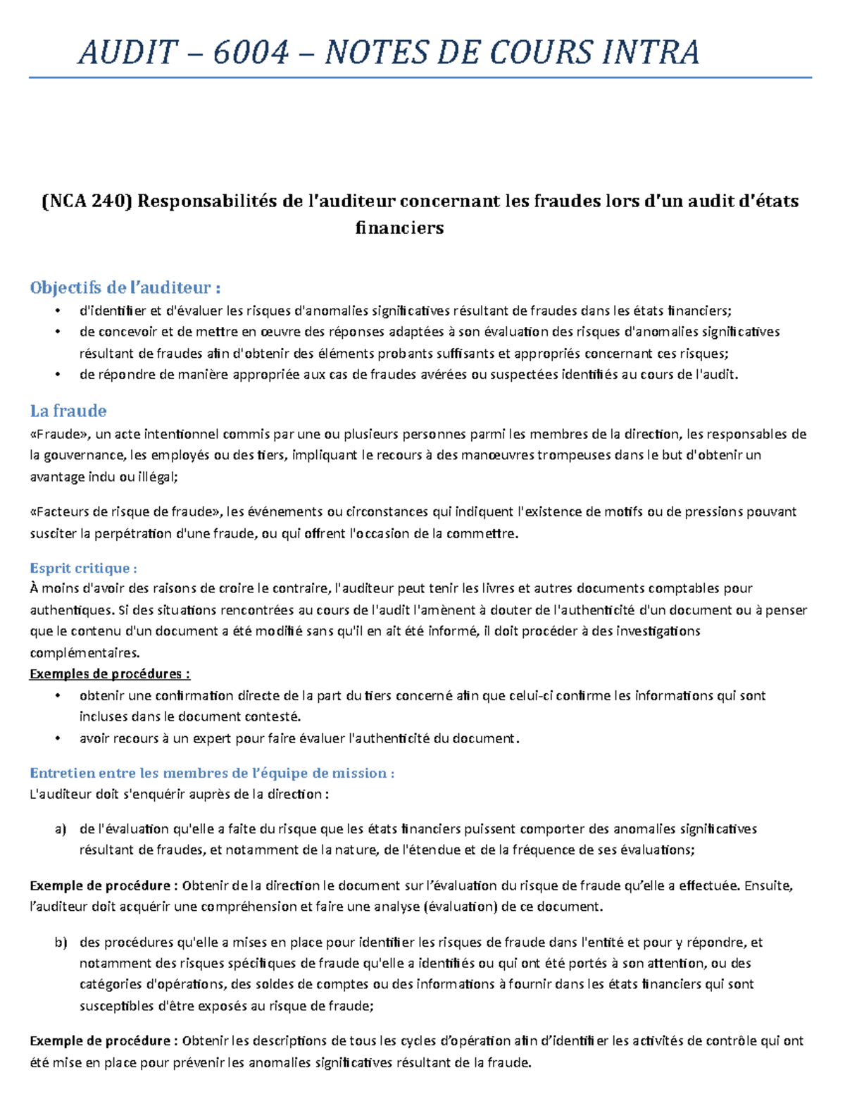 Notes de cours - asd - AUDIT – 6004 – NOTES DE COURS INTRA (NCA 240 ...