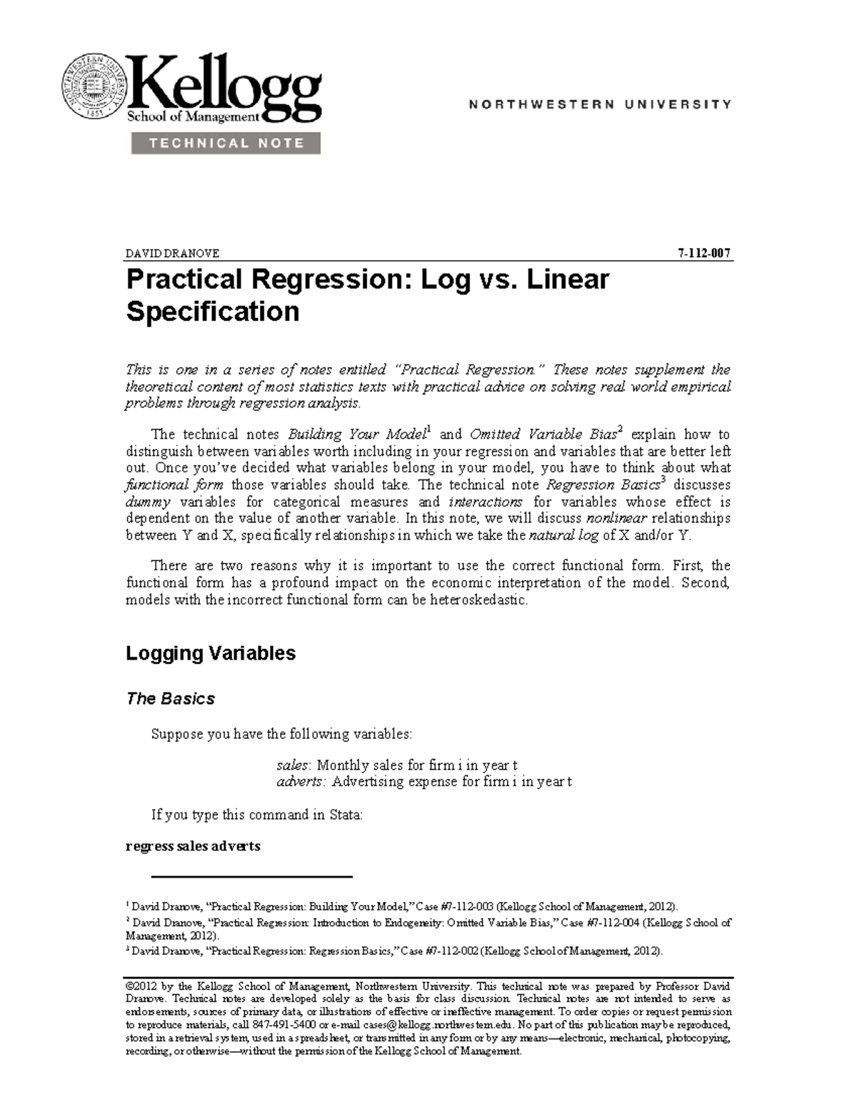 KTN Log vs Linear Models - ©2012 by the Kellogg School of Management ...