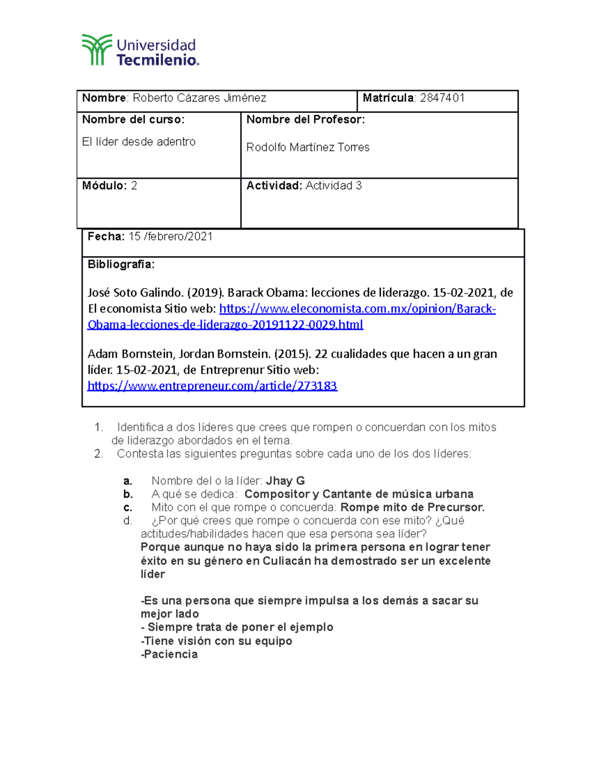 Actividad 3 el lider desde adentro roberto cazares - Nombre: Roberto ...