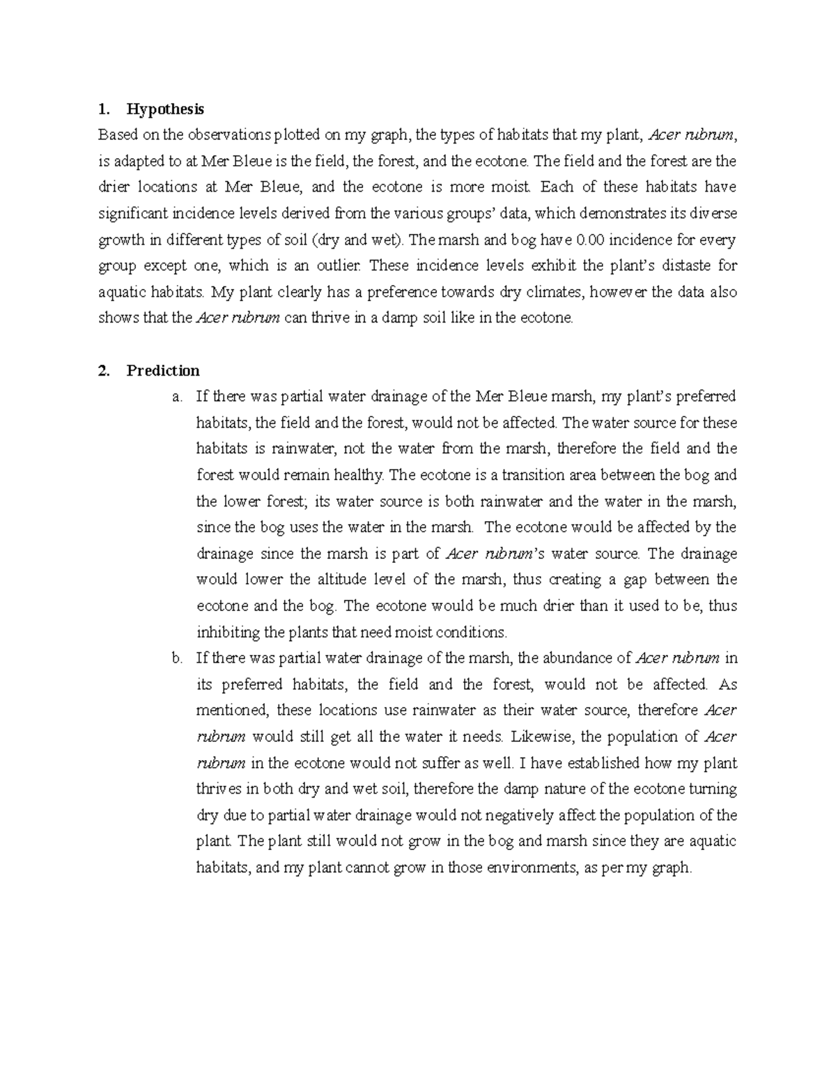 Copy of Bio Lab Report 1 - Mer Blue - Hypothesis Based on the ...