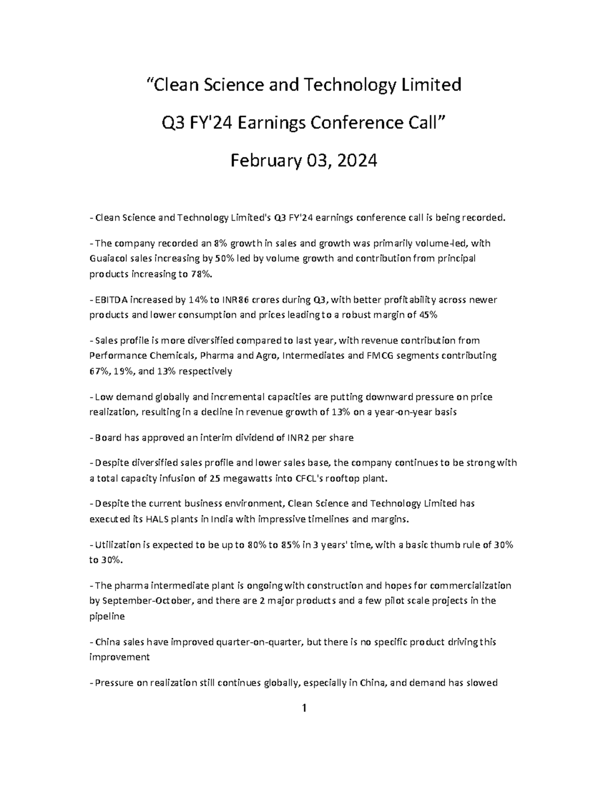 Q3 Clean SCI - “Clean Science and Technology Limited Q3 FY'24 Earnings ...