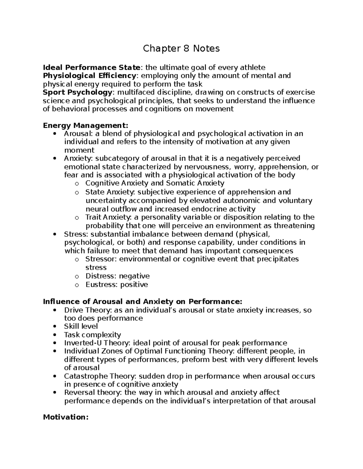 Chapter 8 Quiz Notes - Chapter 8 Notes Ideal Performance State: the ...