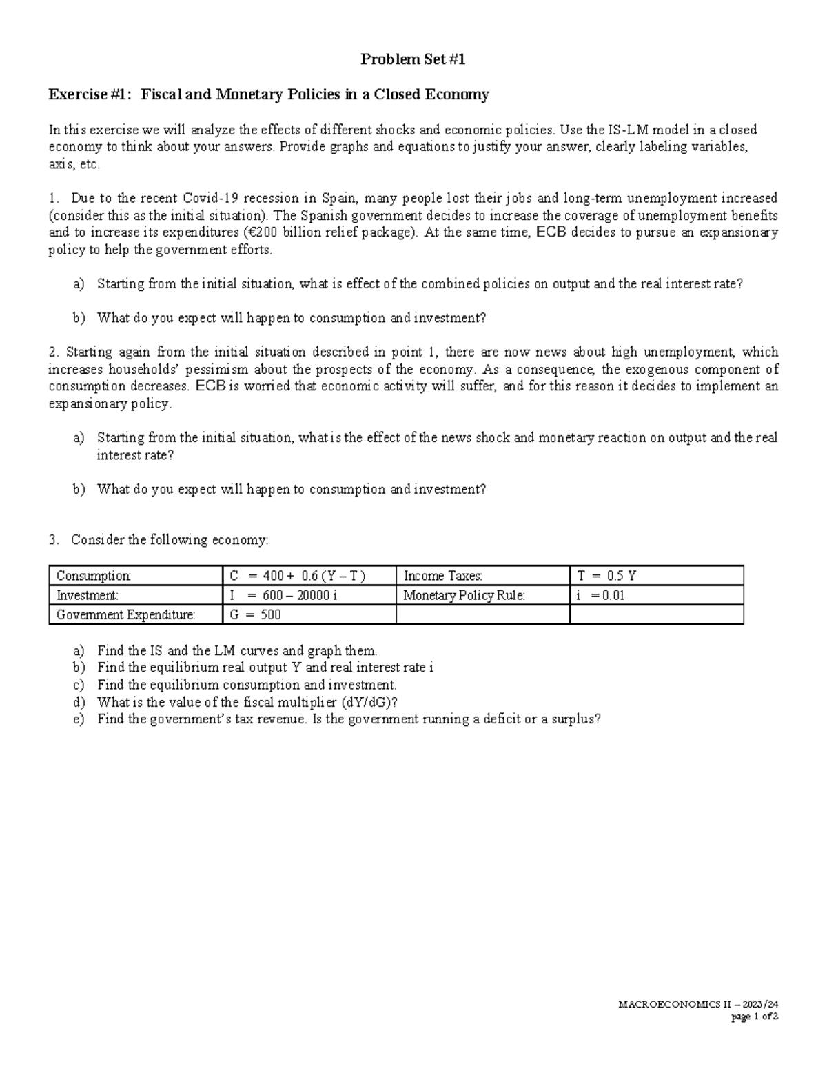 PS-1 ITEA 25114 2024 - Problem Set 1 2023-24 - MACROECONOMICS II – 2023 ...