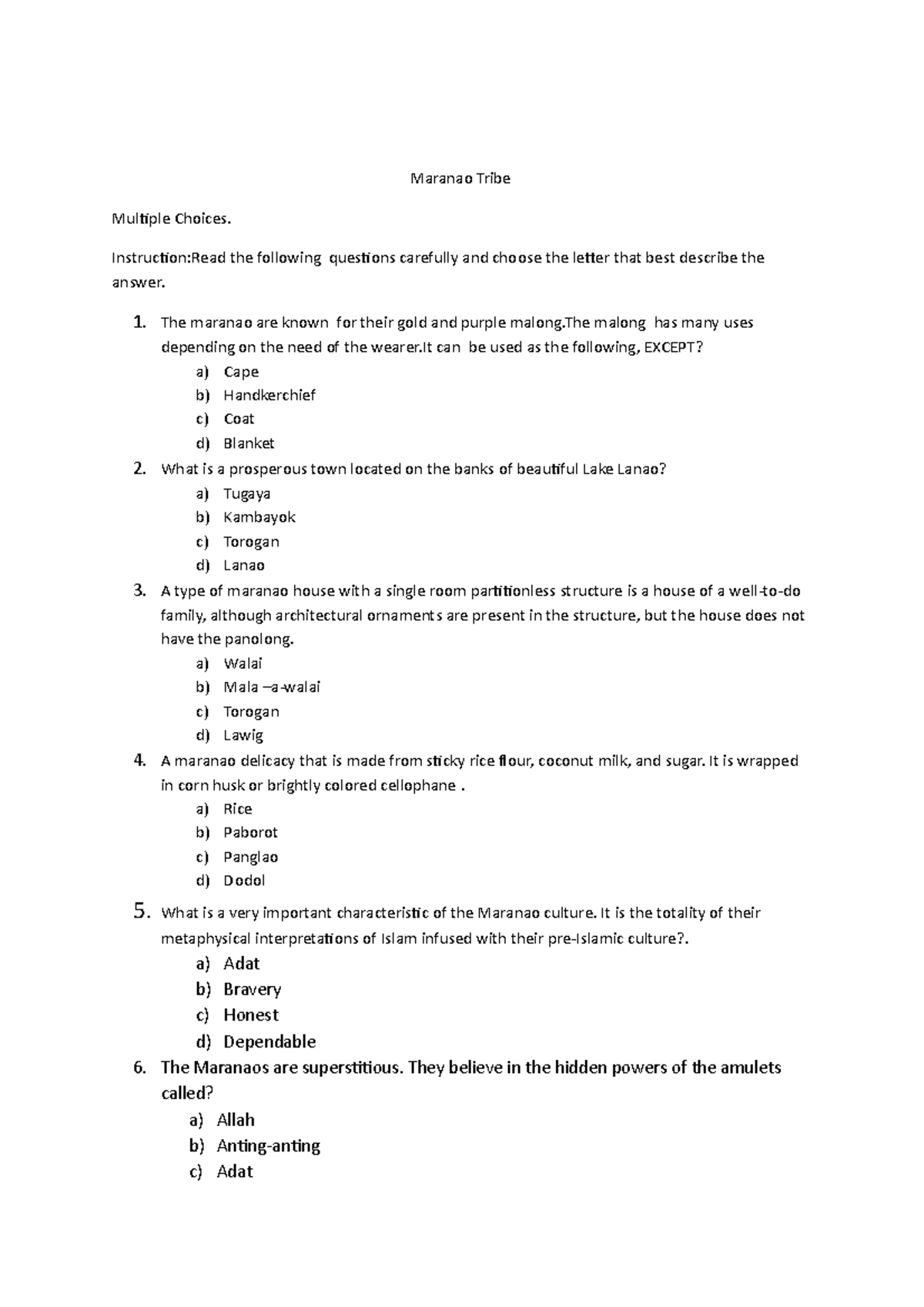 Maranao Tribe Assessment Poblacionjhonly - Maranao Tribe Multiple ...