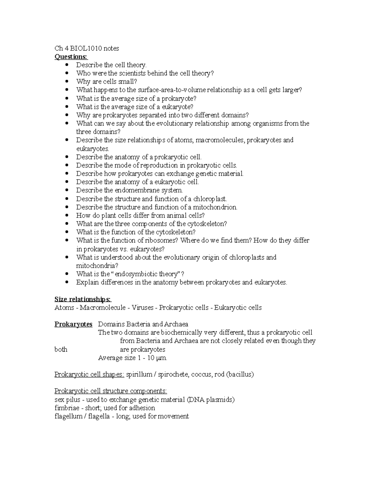 Chapter 4 BIOL1010 notes - Ch 4 BIOL1010 notes Questions: Describe the ...